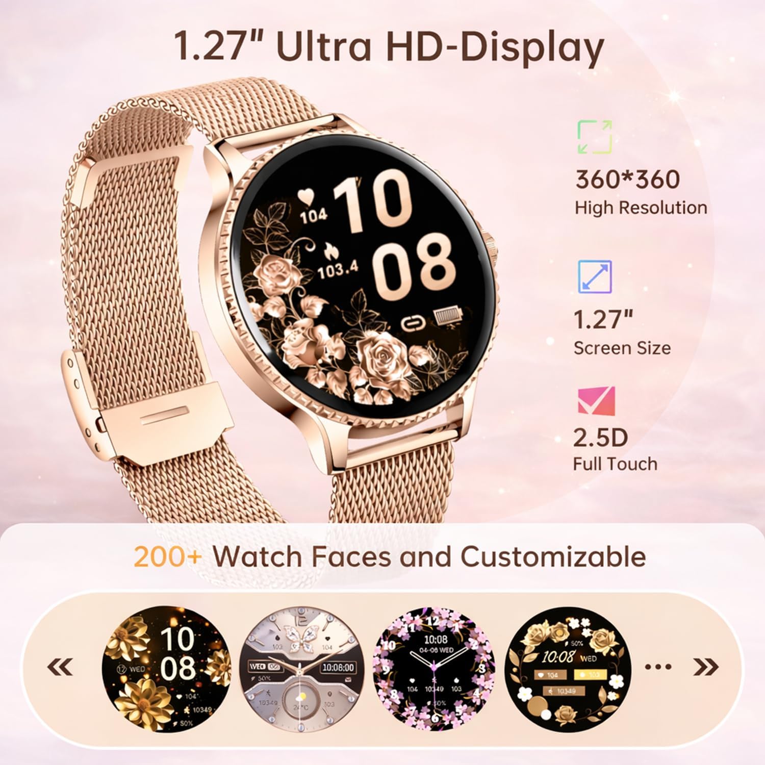 Rose Gold Womens Smart Watch Bluetooth Call Fitness