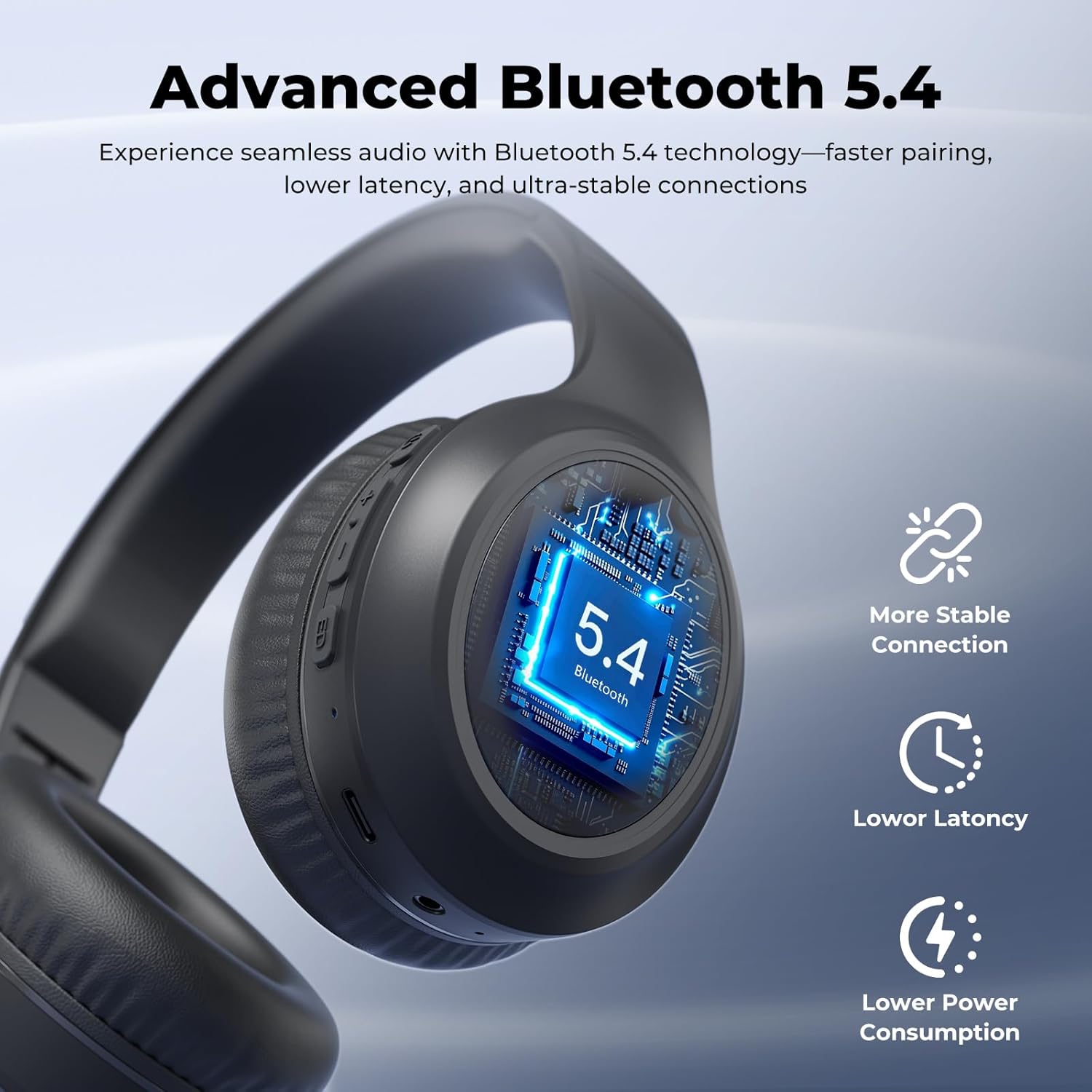 Wireless Bluetooth Over Ear Headphones 70Hr Battery Deep Bass Black