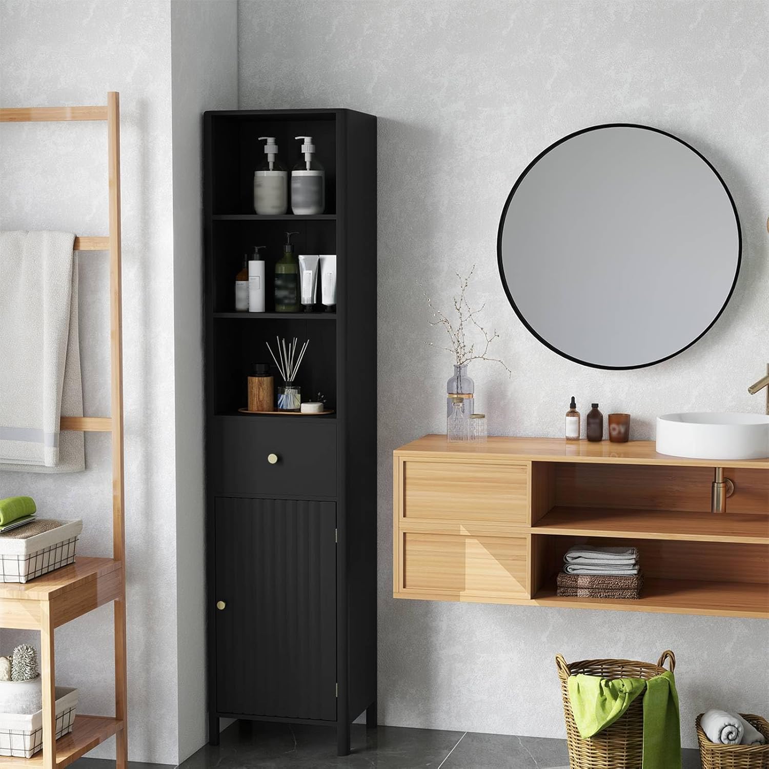 Slim Bathroom Tall Cabinet Drawer Shelf Unit Black