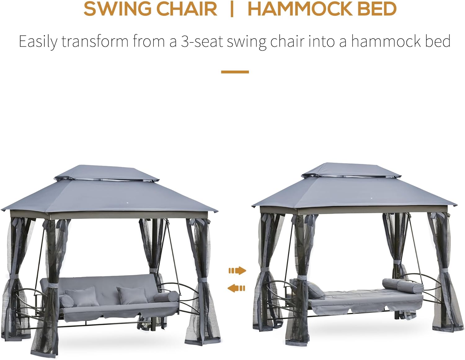 3 Seater Convertible Swing Chair Bed Gazebo Grey