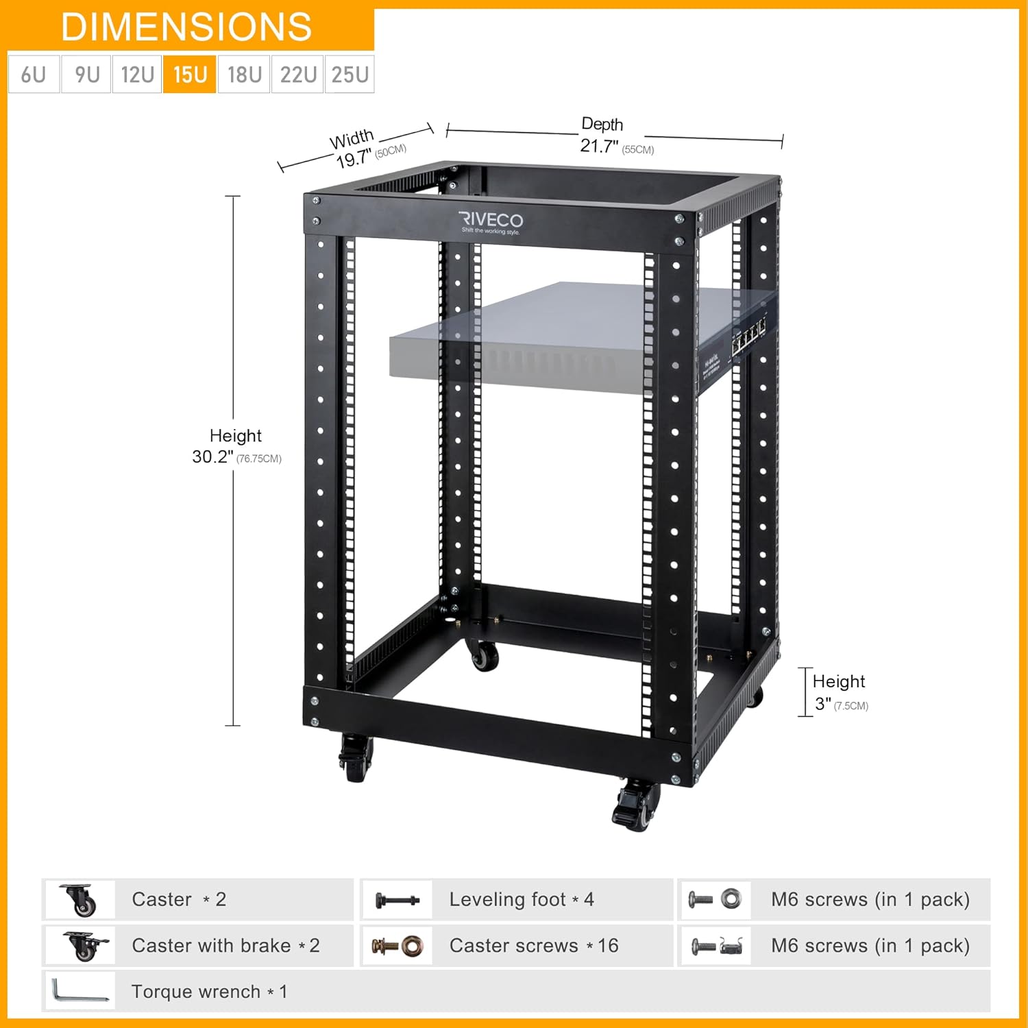 15U Open Frame Server Rack with Wheels 19 Inch Heavy Duty