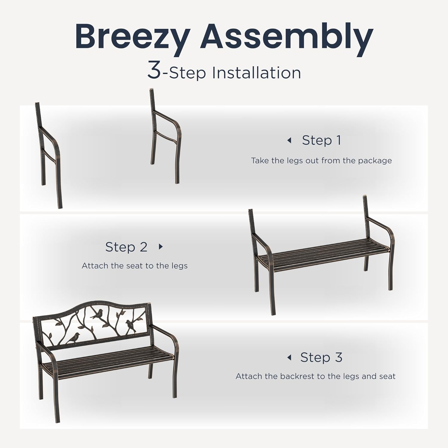 Bronze Metal Garden Bench 2–3 Seater Bird Design Patio Seat Steel