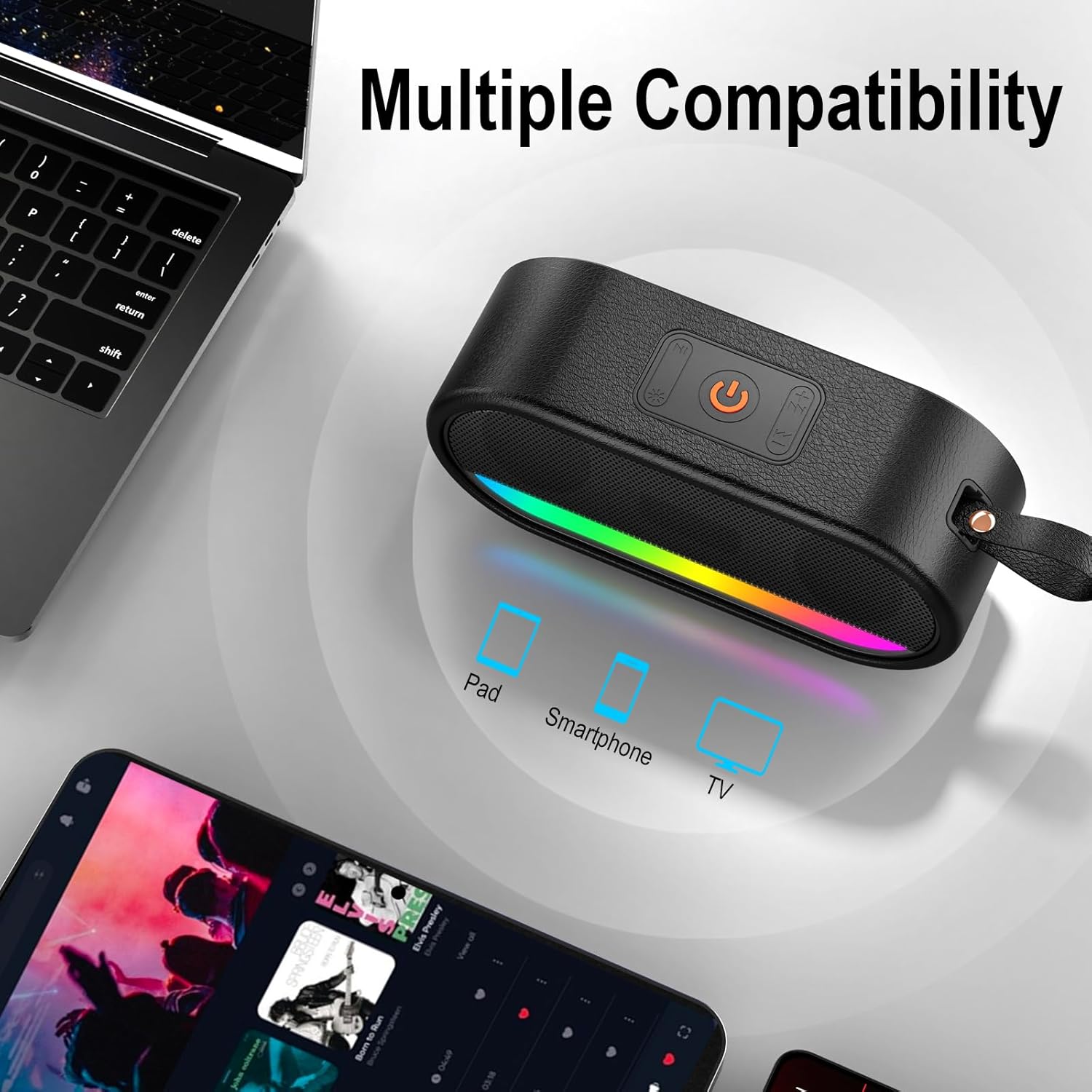Portable Bluetooth Speaker 5.3 Bass Waterproof IPX6 RGB Lights