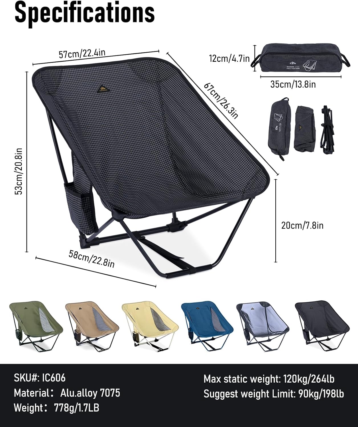 Ultralight Low Camping Chair with Carry Bag Black Grid