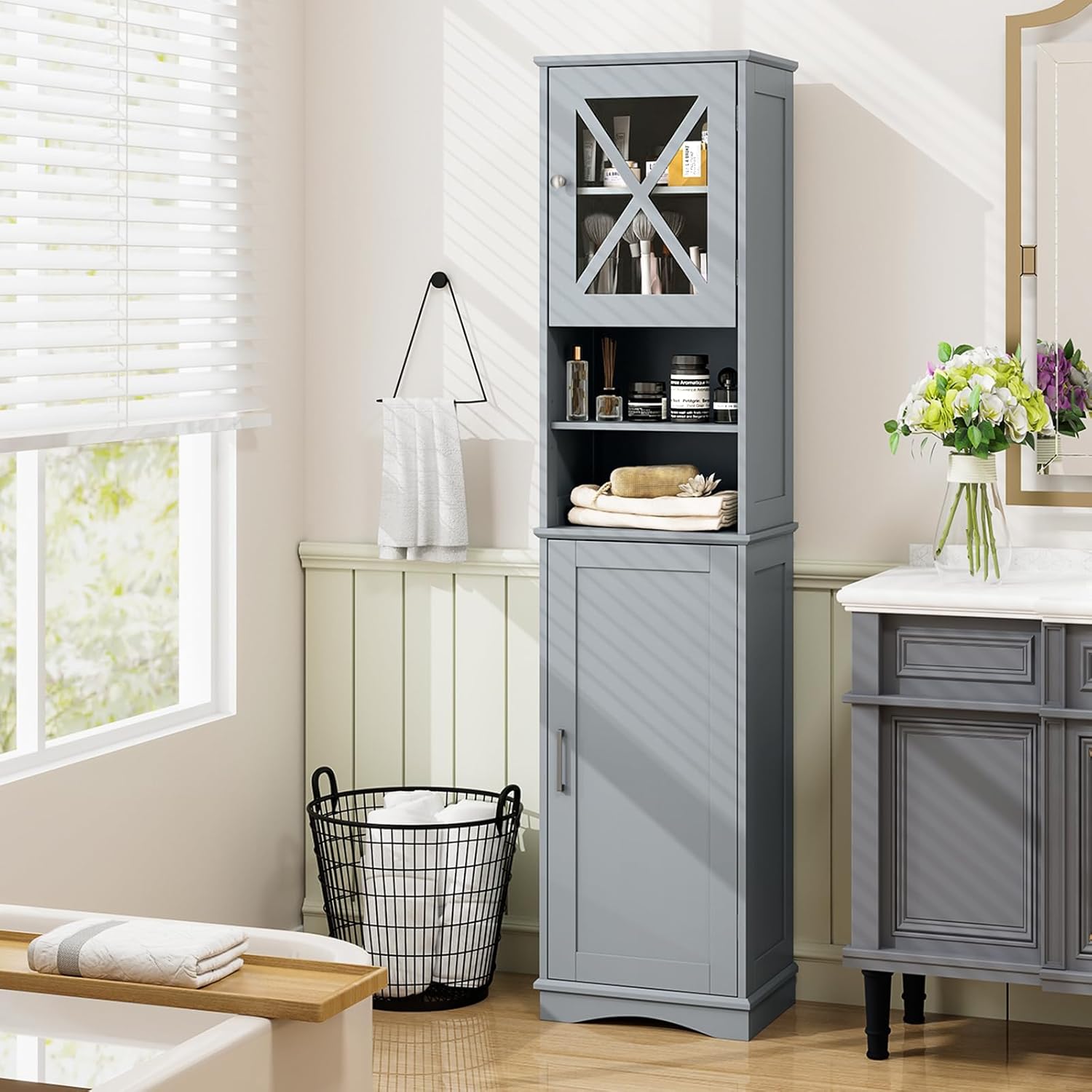 Grey Tallboy Bathroom Cabinet 2 Door Shelf Storage Unit
