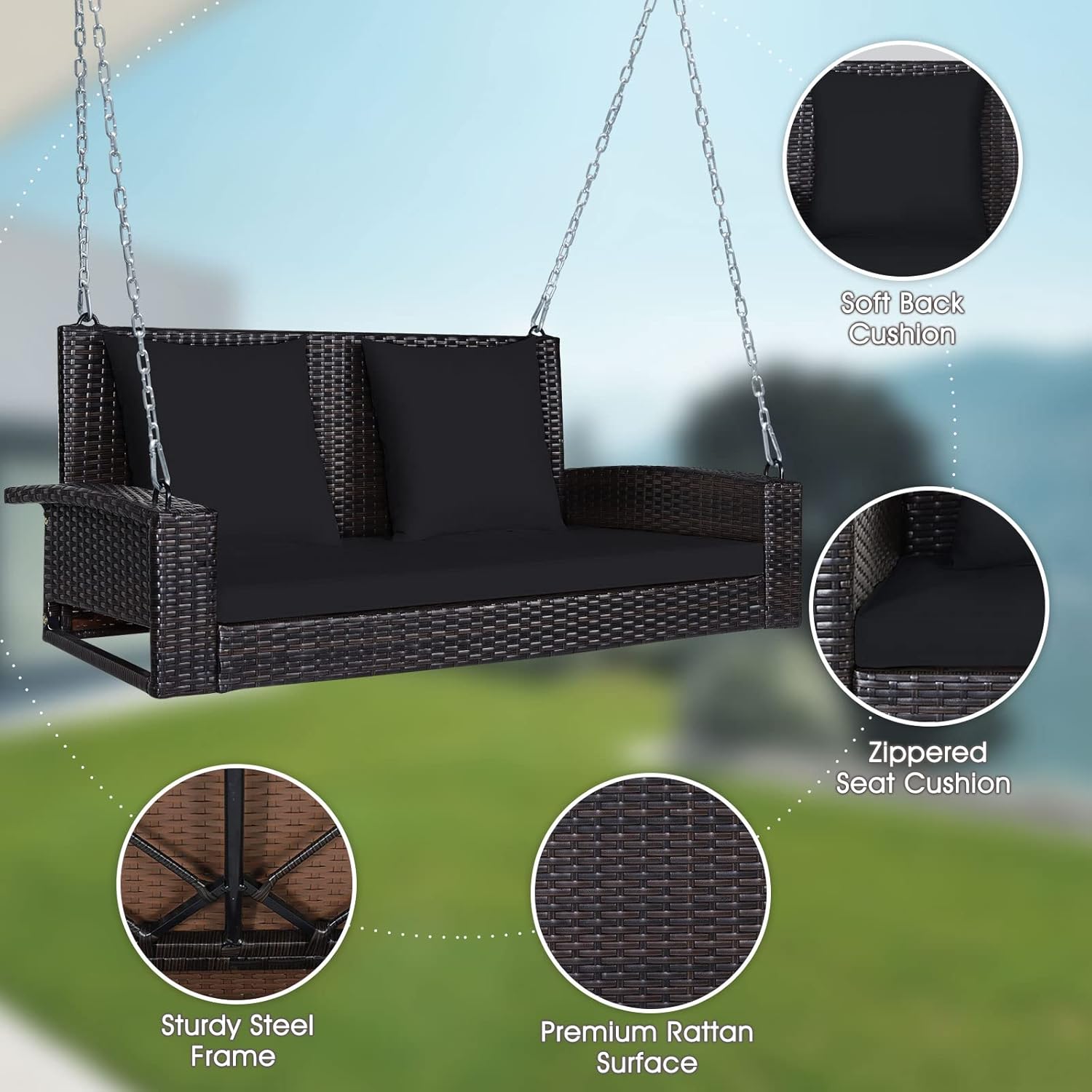 2 Seater Rattan Porch Swing Chair Cushions Pillows Black