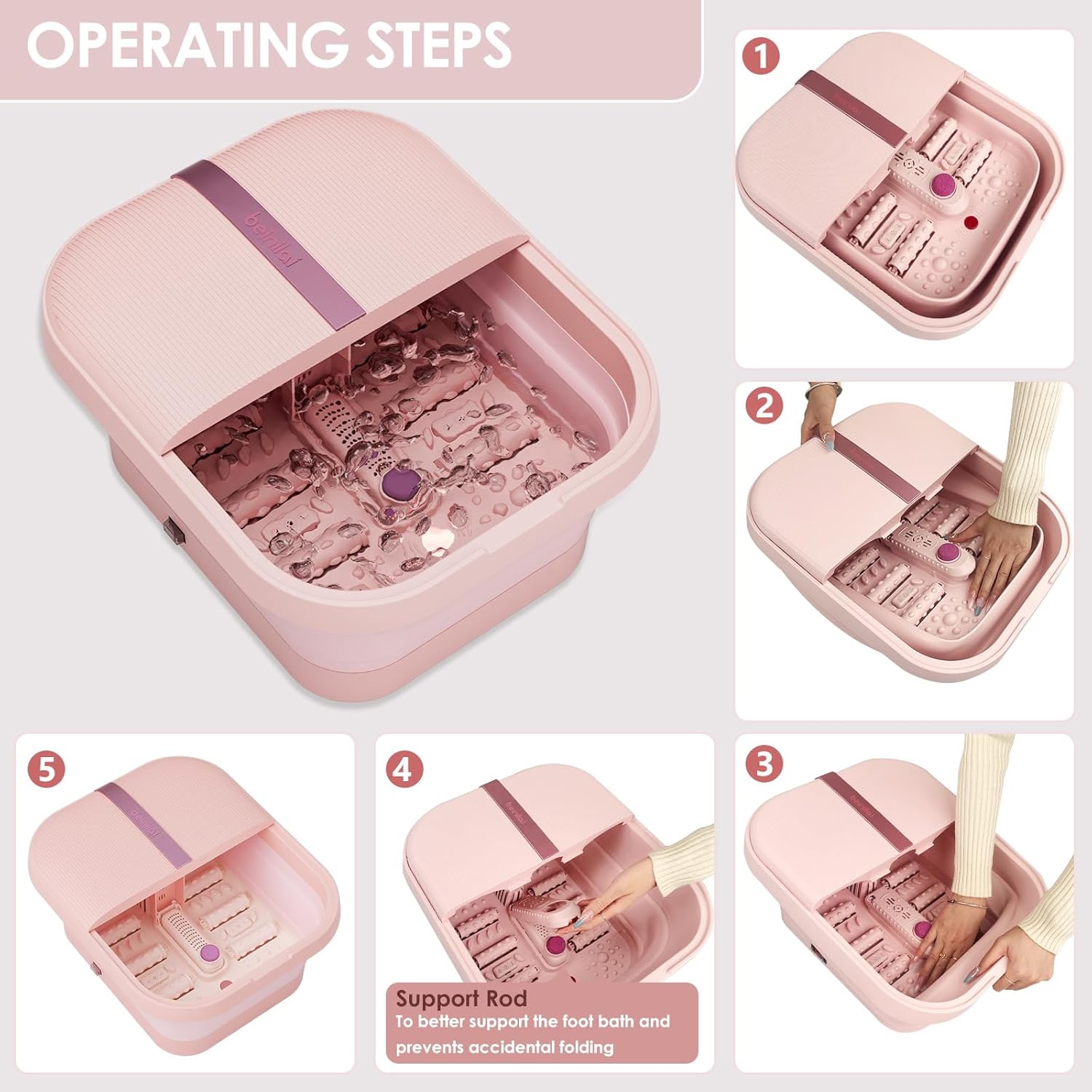 Collapsible Foot Spa Massager Heat Bubble Vibration Rollers Pink