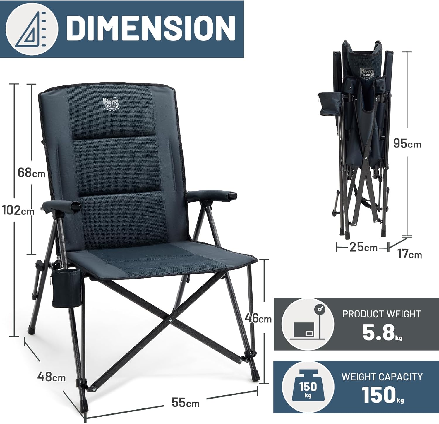 Camping Chairs 2 Pack 150kg High Back Black