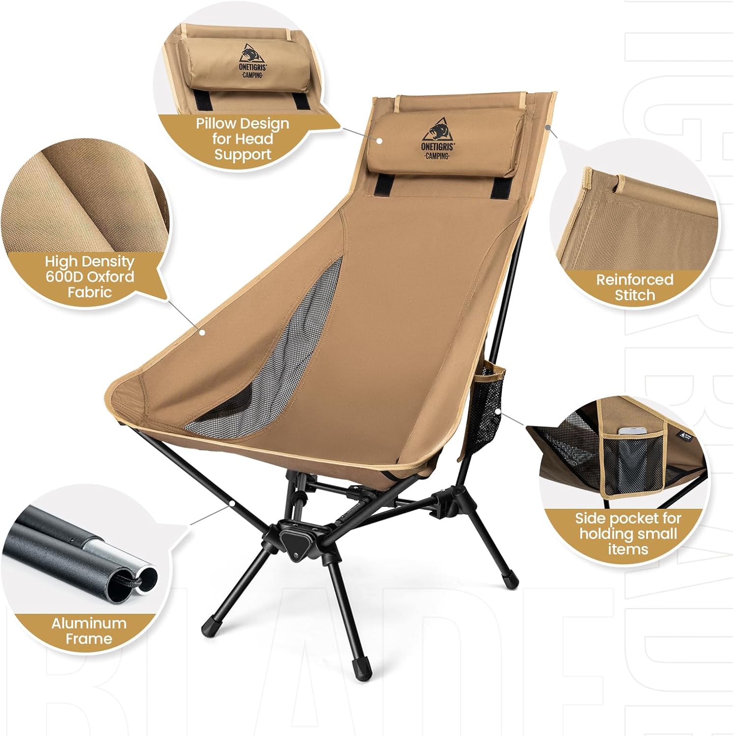 High Back Camping Chair with Pillow 150kg Brown