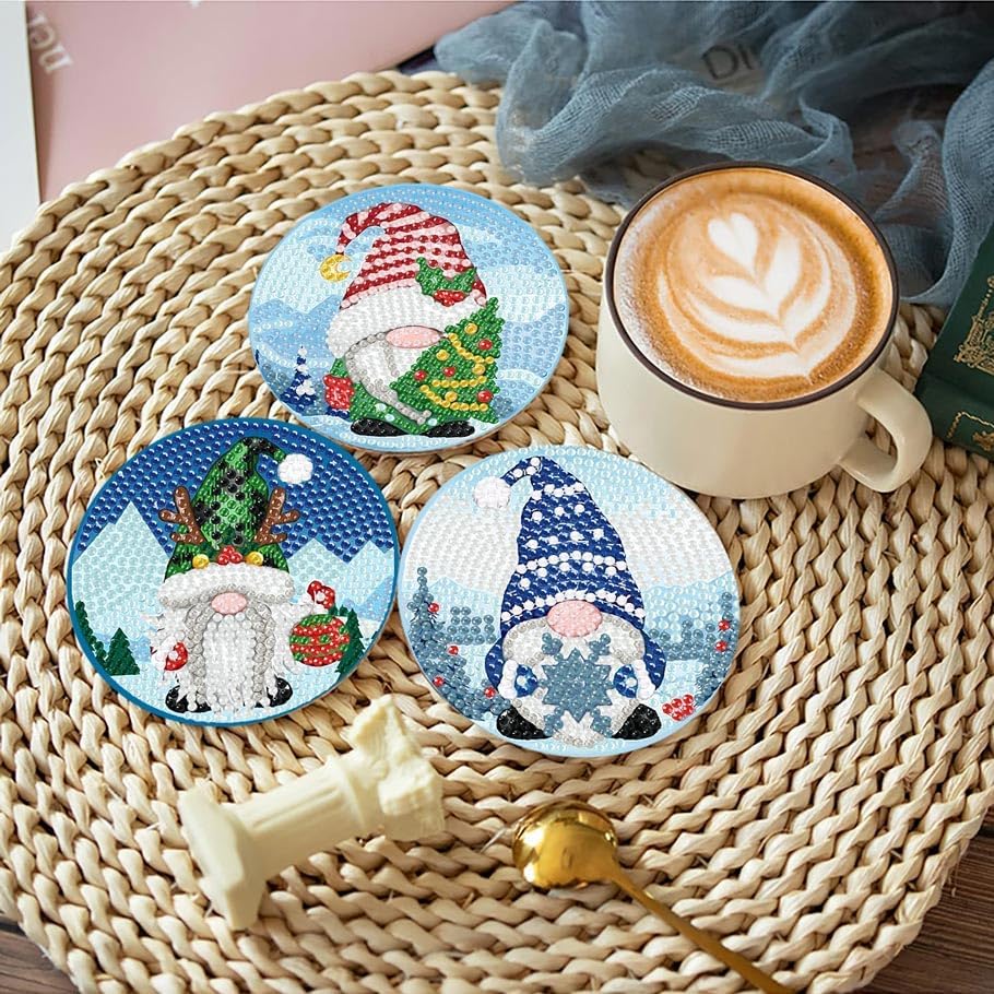 8Pcs Christmas Diamond Art Coasters Kit Gnome DIY Craft Set