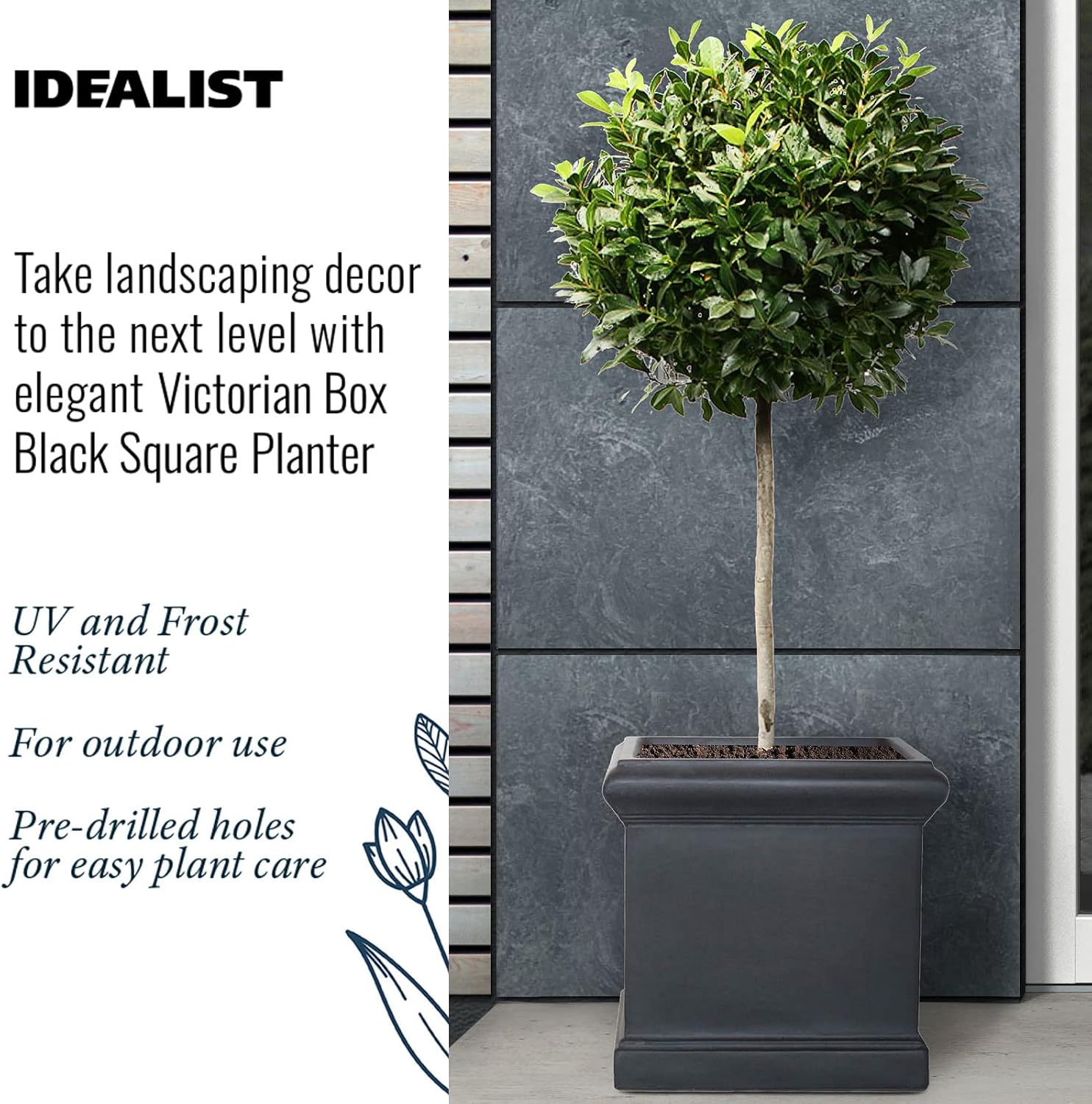 35cm Square Planter Black Slate Effect Garden Pot Drainage