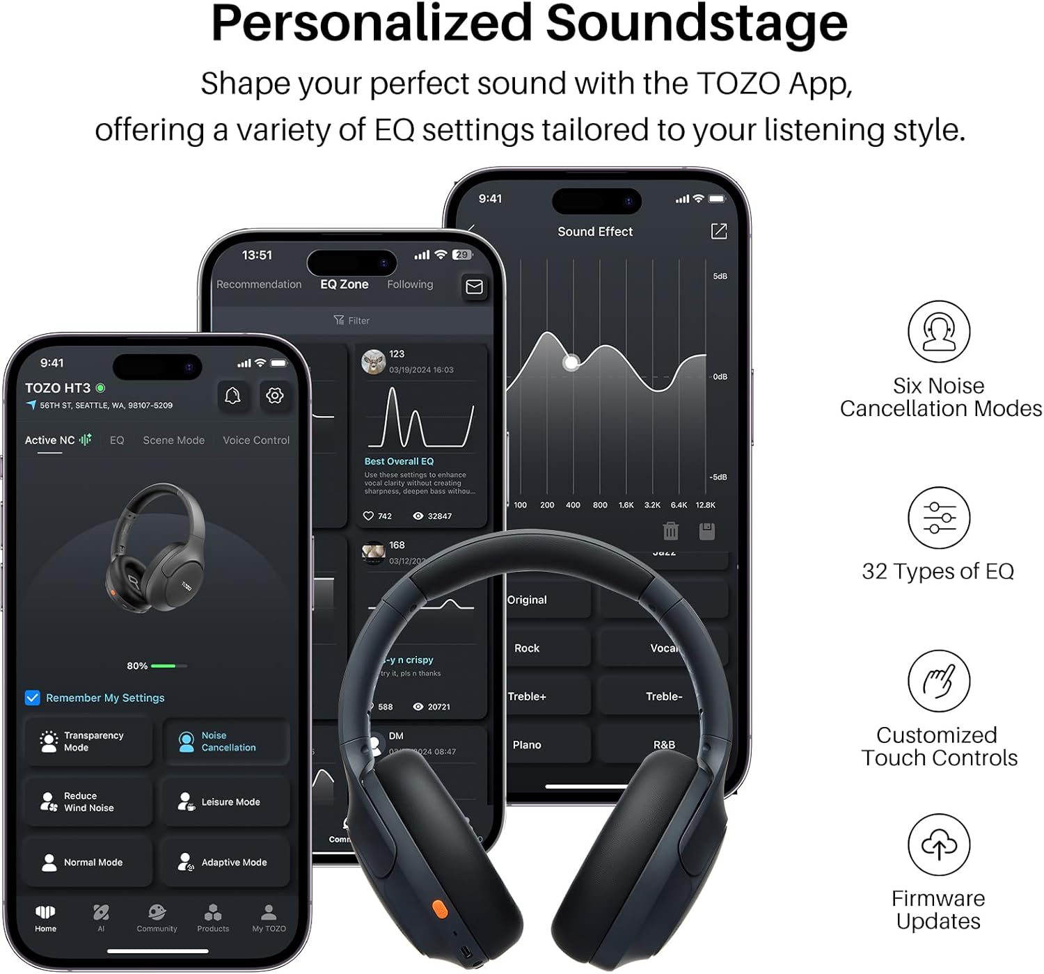 Bluetooth Noise Cancelling Headphones 90H Playtime Over Ear Mic