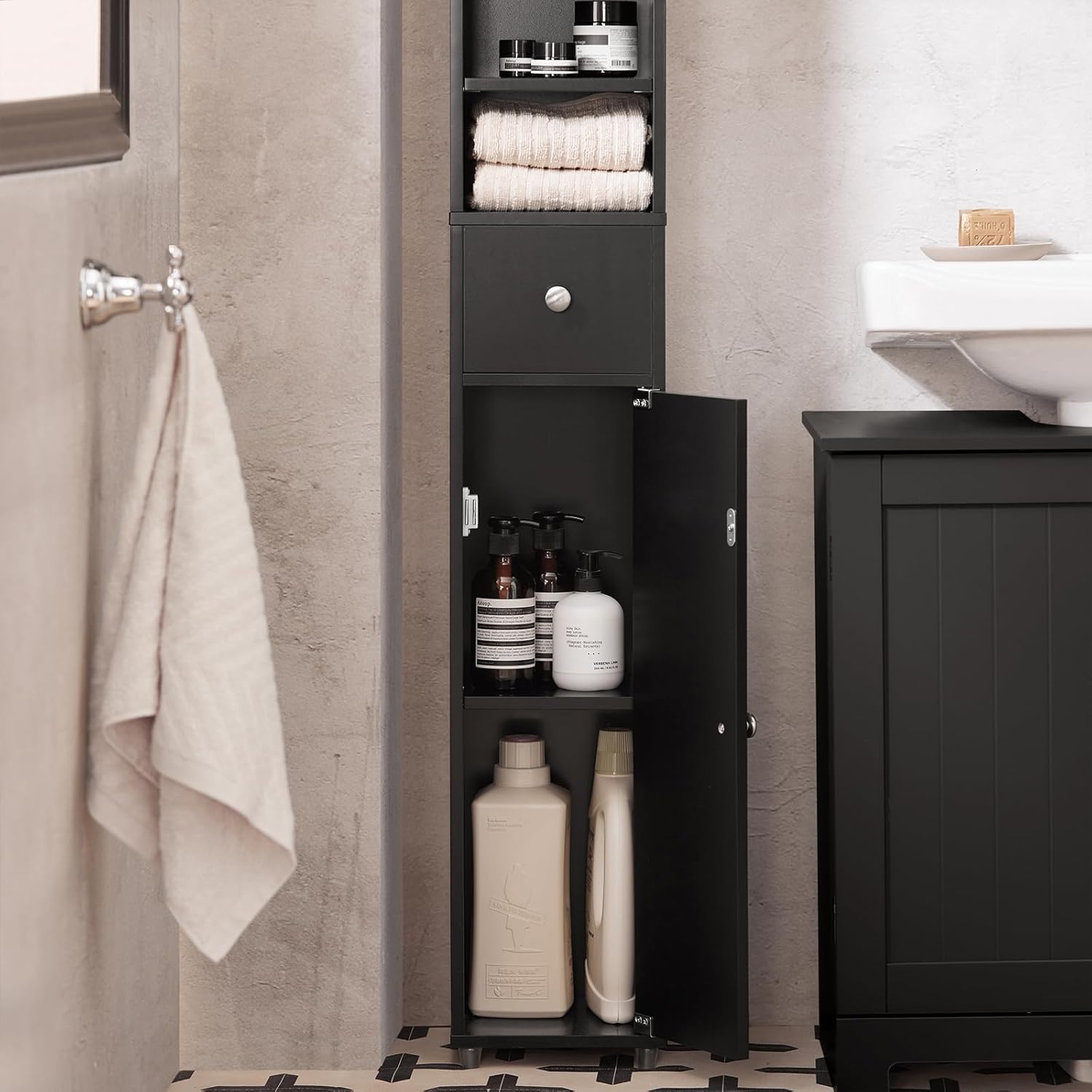 Tall Slim Bathroom Storage Cabinet 20cm Black Drawer 180cm