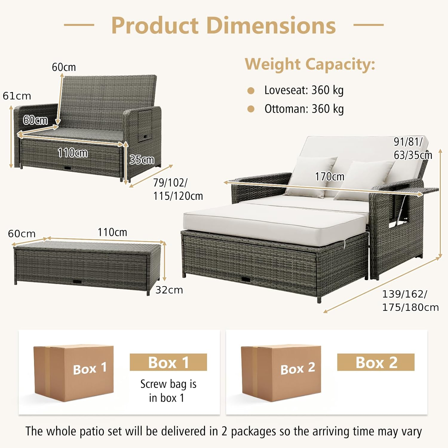 Double Rattan Daybed Sofa Bed with Storage Trays