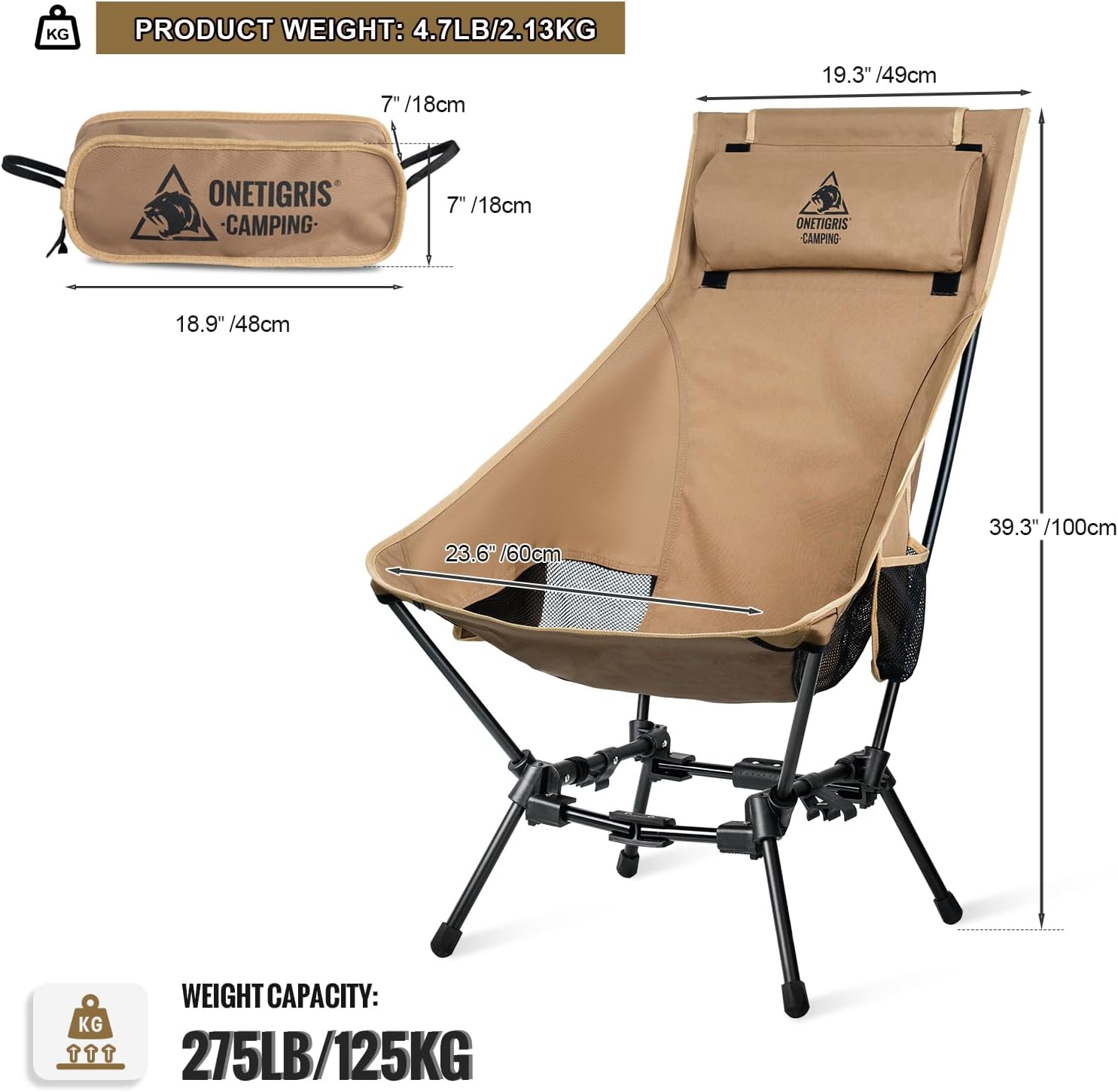 Portable Camping Chair Detachable Cushion 150KG Brown