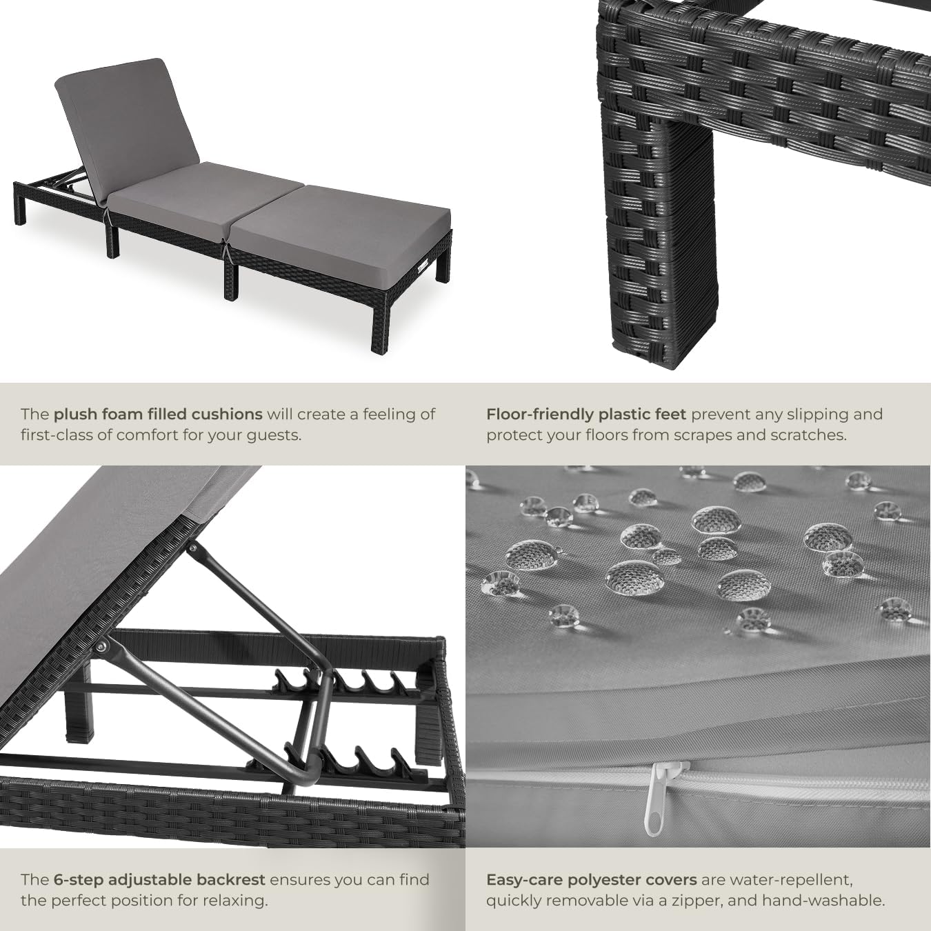 Luxury Rattan Sun Lounger 6 Position Cushion Black
