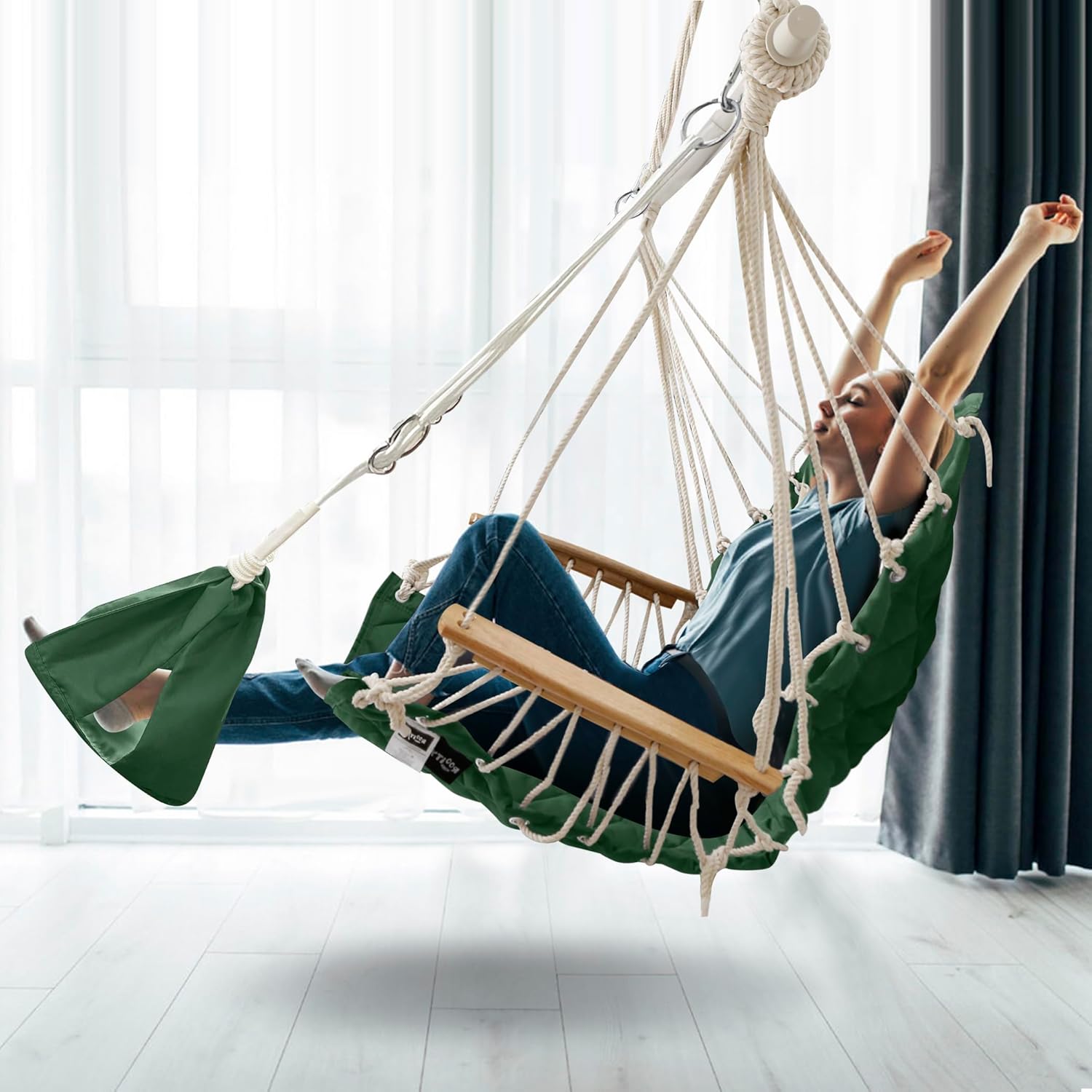 Quilted Hanging Hammock Chair with Footrest Green