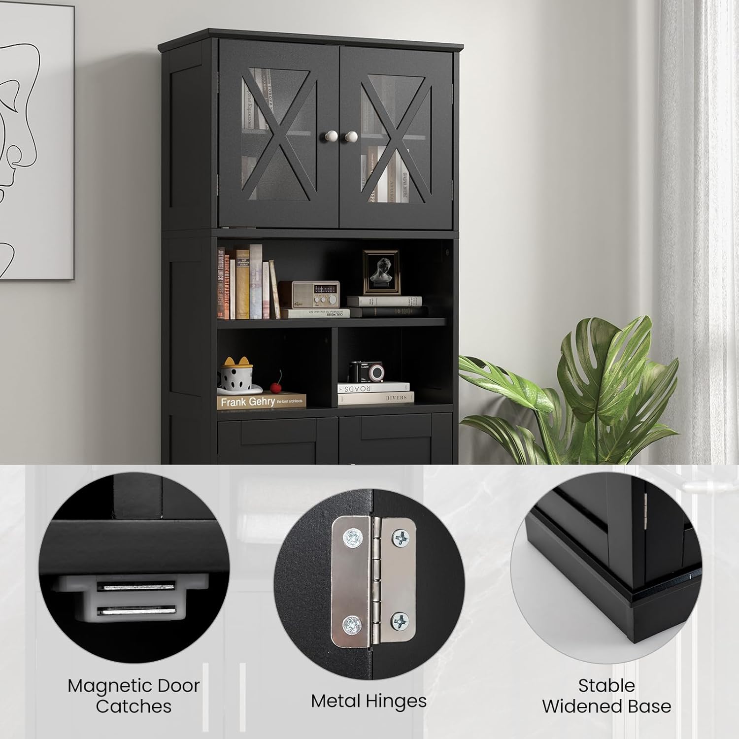 Tall Bathroom Storage Cabinet 4 Door Shelf Unit Black