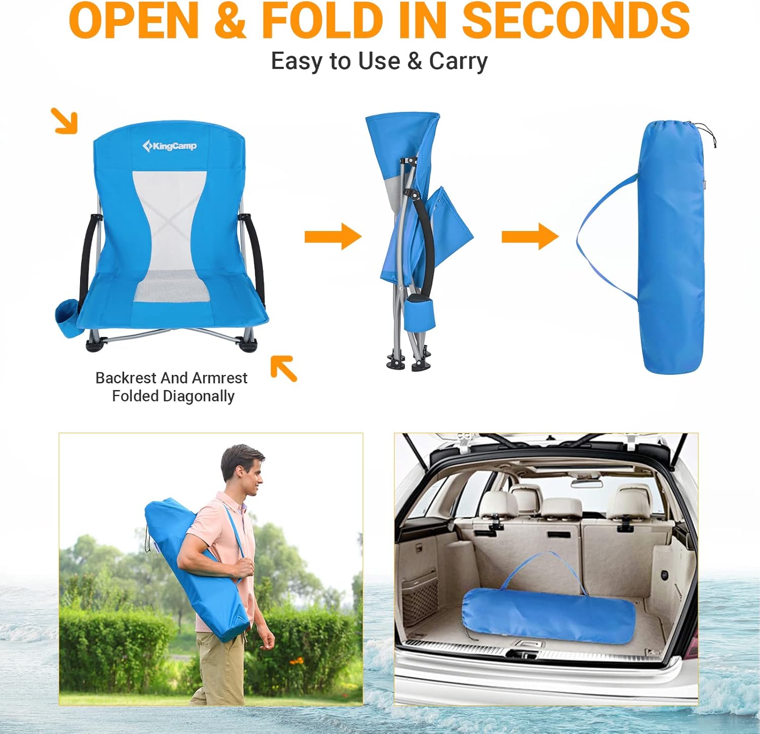 2 Pack Blue Low Folding Beach Chairs Heavy Duty Seats