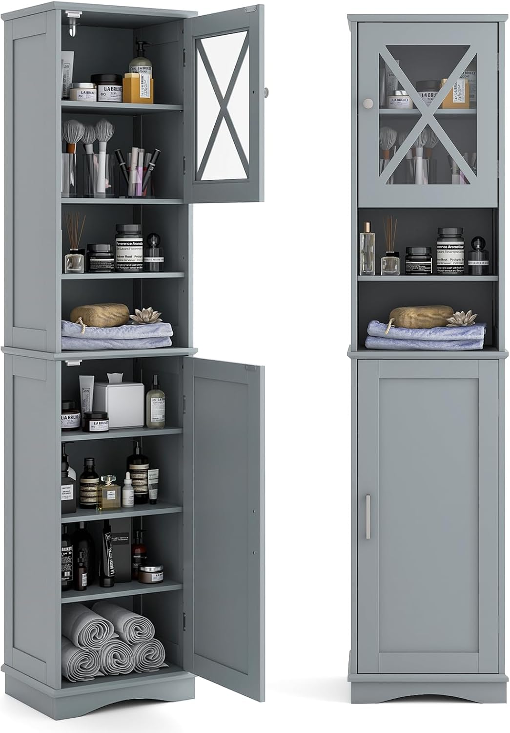 Grey Tall Bathroom Cabinet Slim Storage Unit 2 Door Shelves