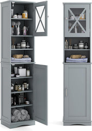 Grey Tall Bathroom Cabinet Slim Storage Unit 2 Door Shelves
