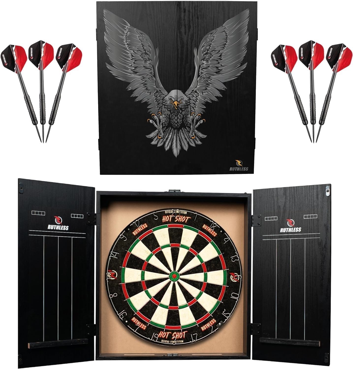 LED Dart Board Cabinet Set with Scoreboard 2 Darts Wood Home Play