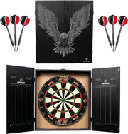 LED Dart Board Cabinet Set with Scoreboard 2 Darts Wood Home Play