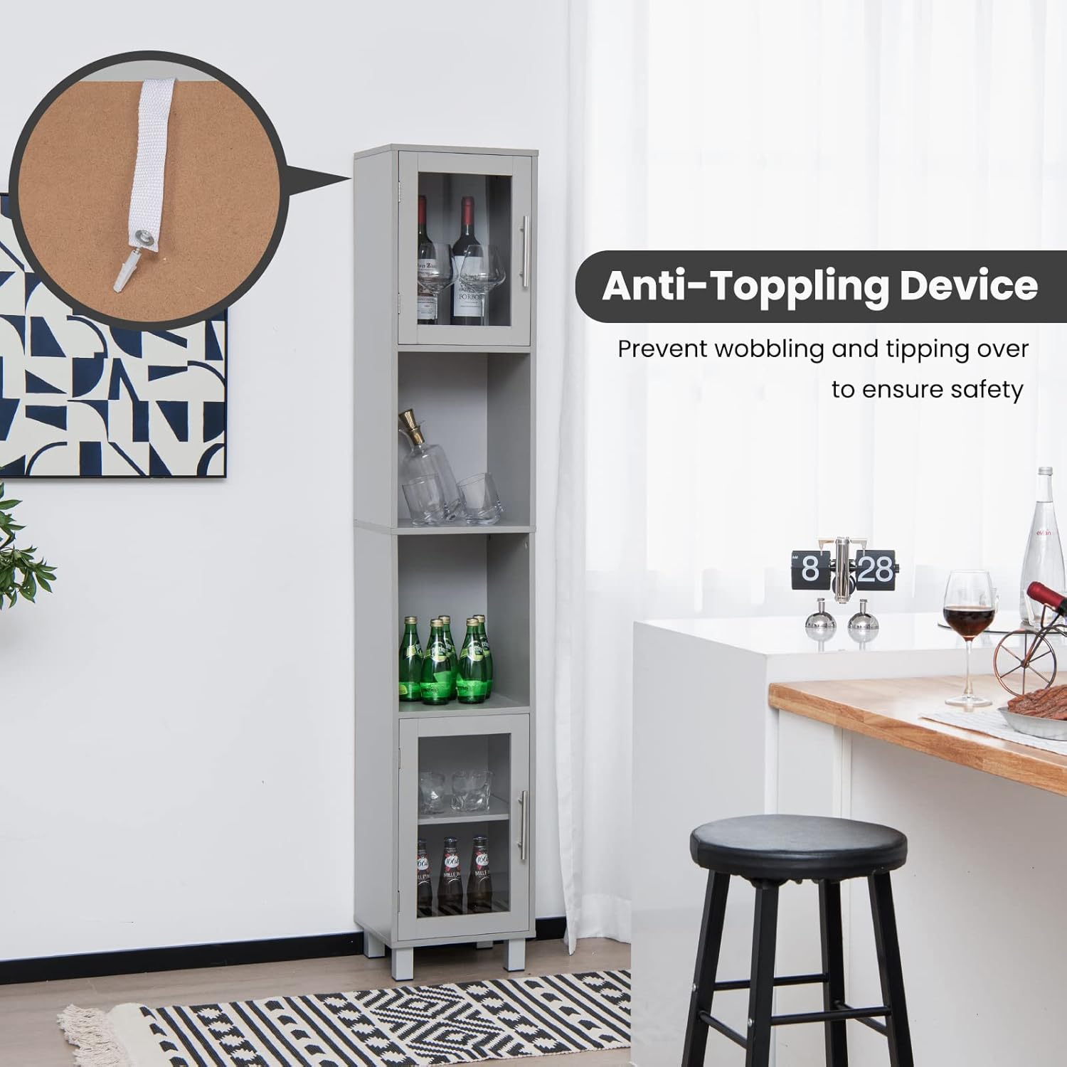 Tall Bathroom Storage Cabinet Slim Grey Cupboard Glass Door Shelf Unit