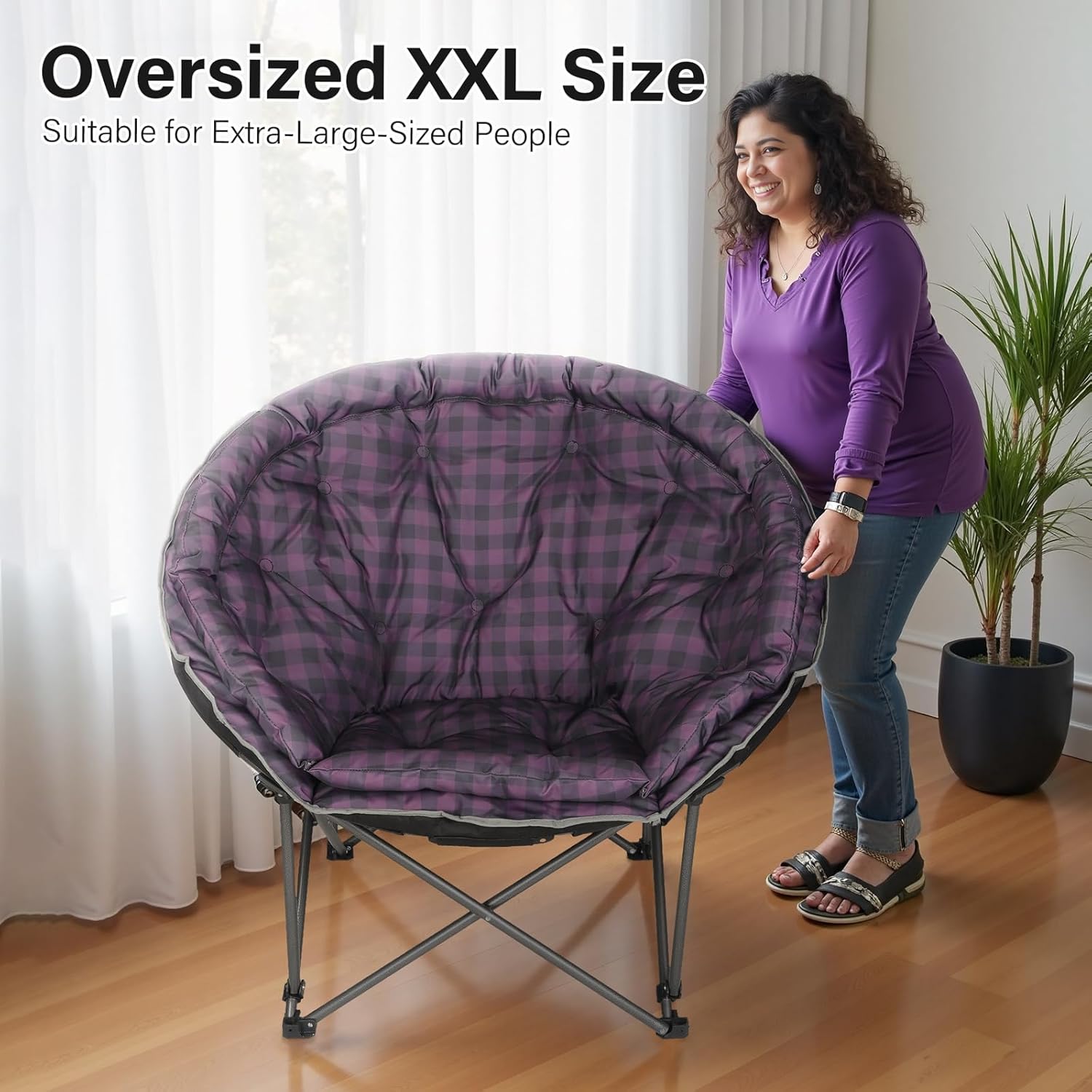 XXL Folding Moon Chair Padded Round Seat Purple