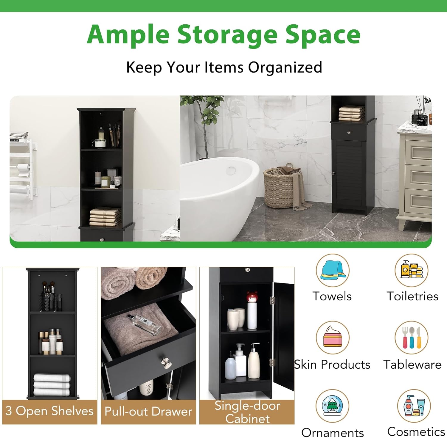 Slim Bathroom Tall Cabinet Drawer Shelf Cupboard Black