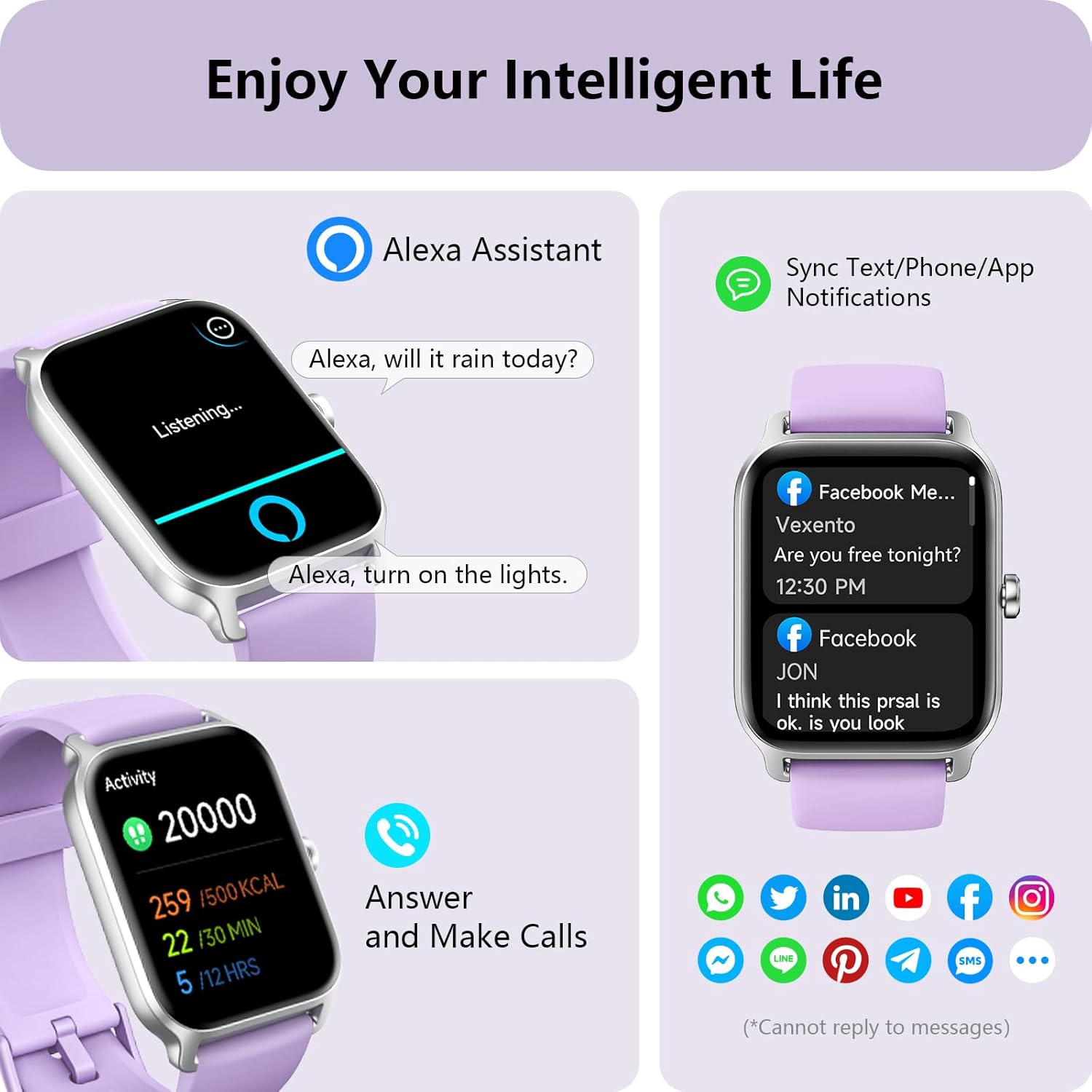 Womens Smart Watch Bluetooth Call Alexa Purple