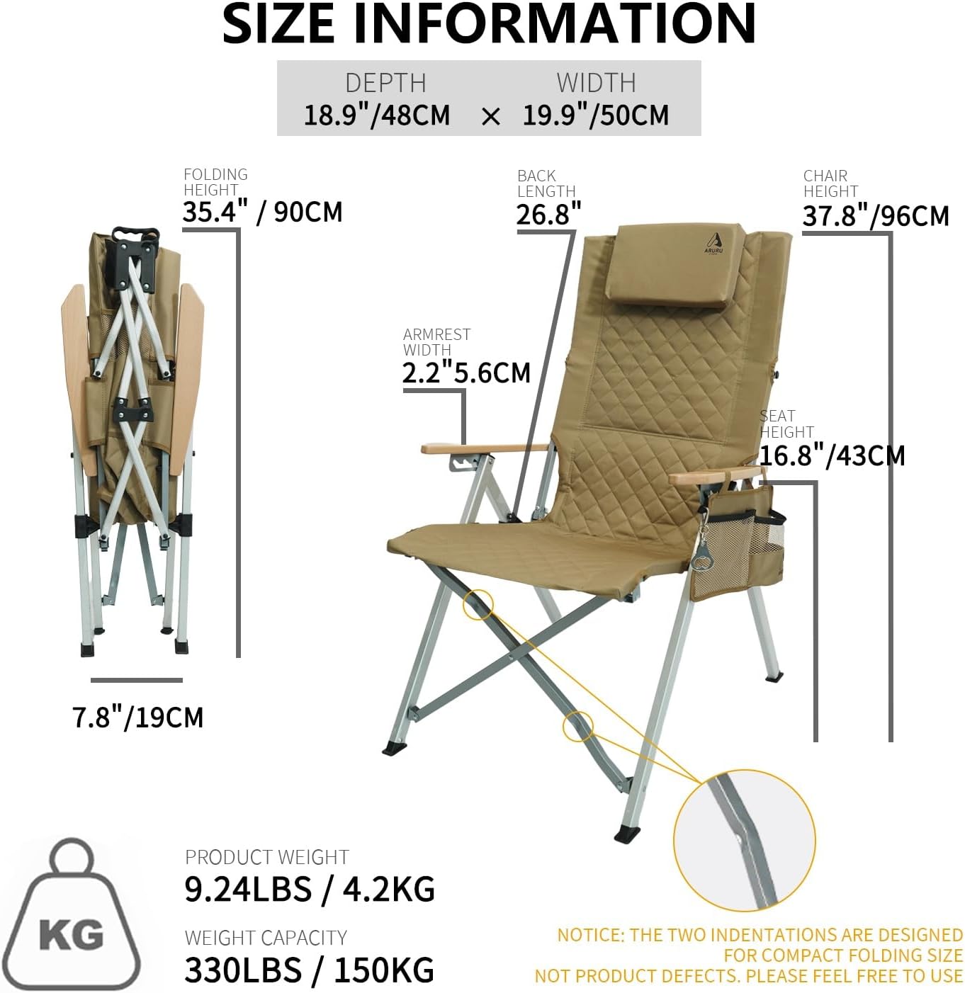 Set of 2 High Back Reclining Camping Chairs Khaki