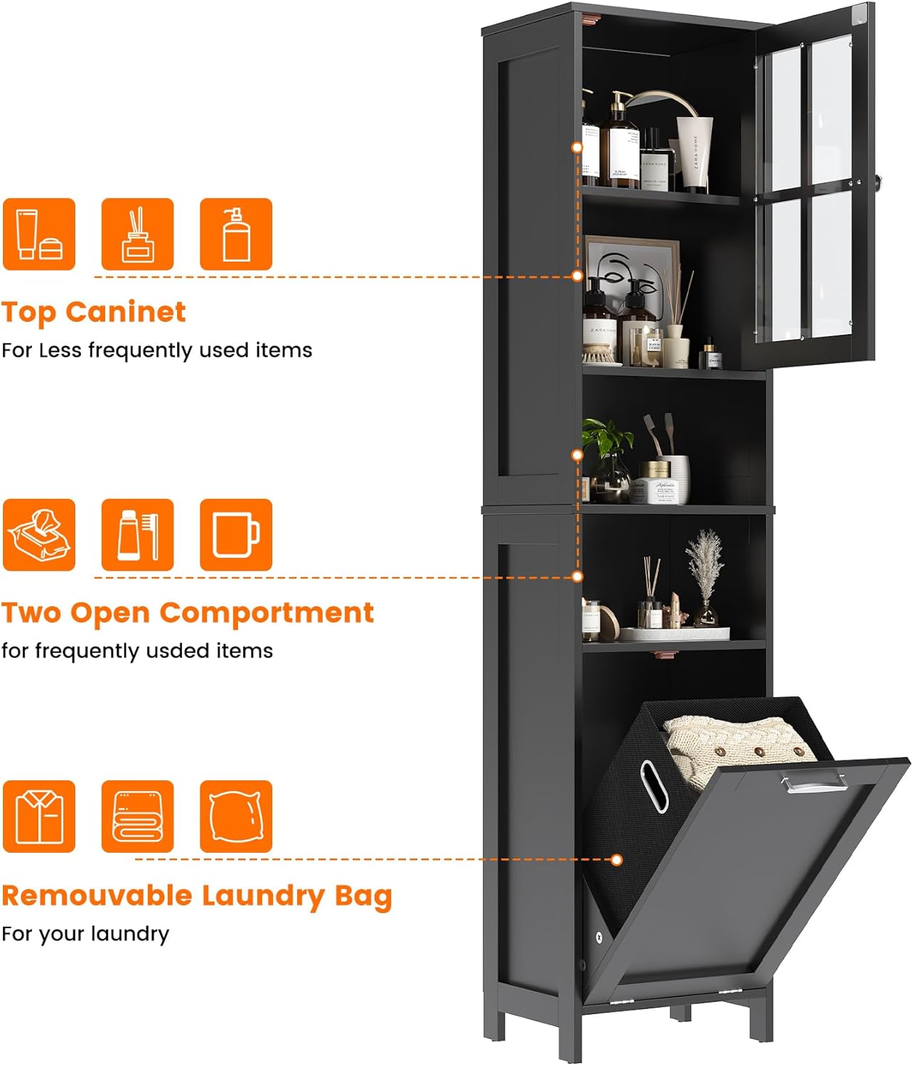Tall Bathroom Cabinet Black Laundry Basket Shelf Unit