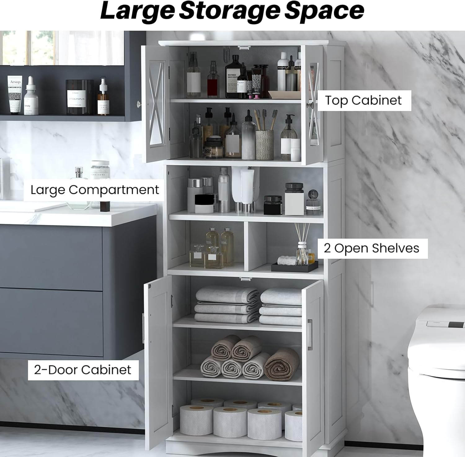 Tall Bathroom Storage Cabinet 4 Door Shelf Unit White