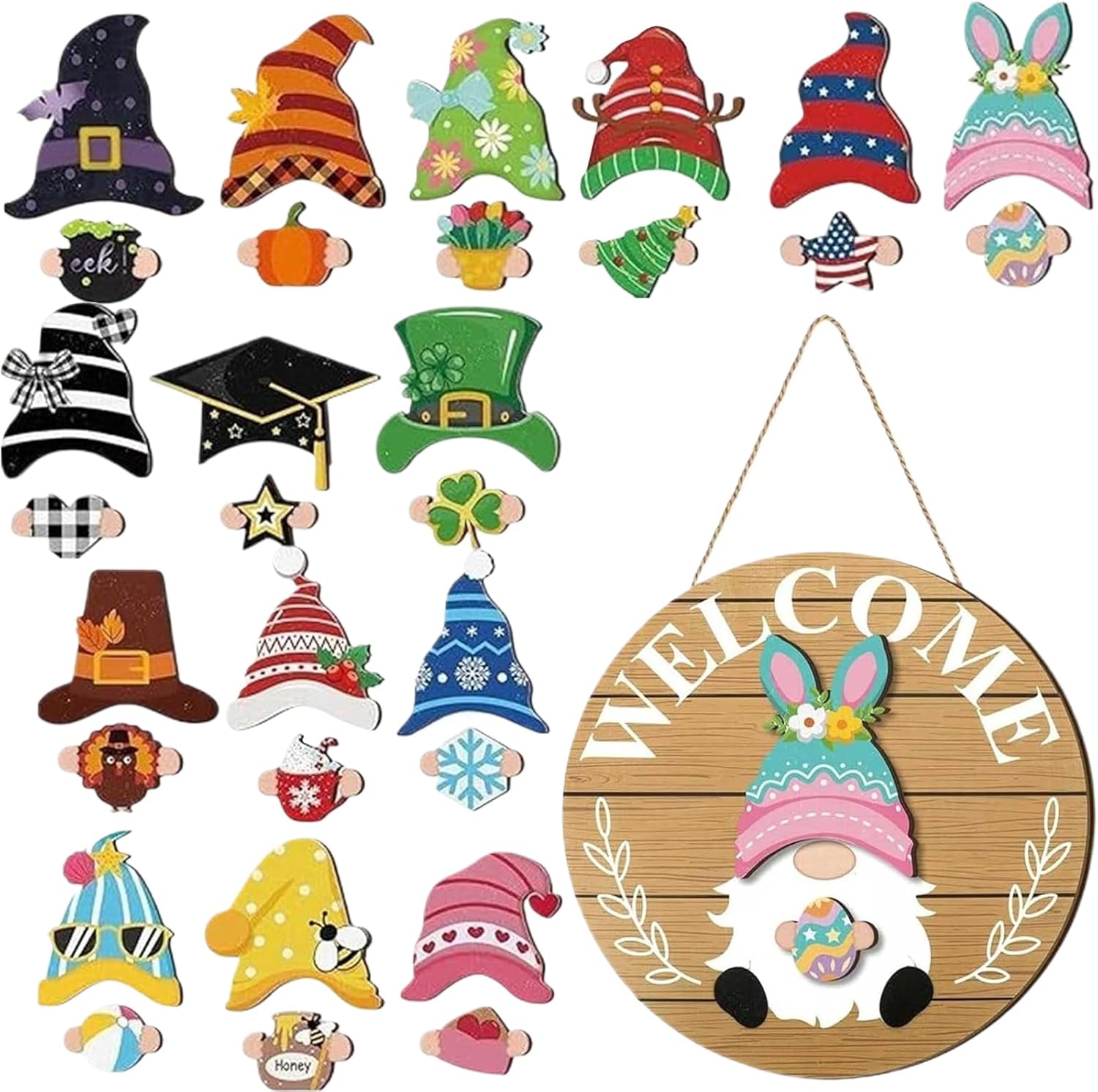 Gnome Welcome Sign 30Pcs Seasonal Wooden Door Decor Magnetic