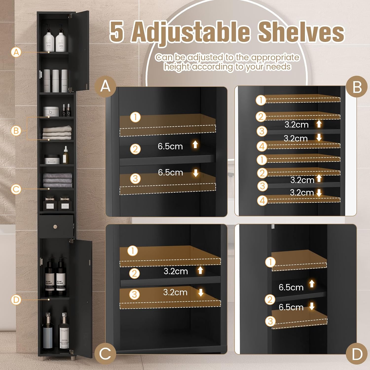 Tall Slim Storage Cabinet Black Drawer Adjustable Shelf Unit
