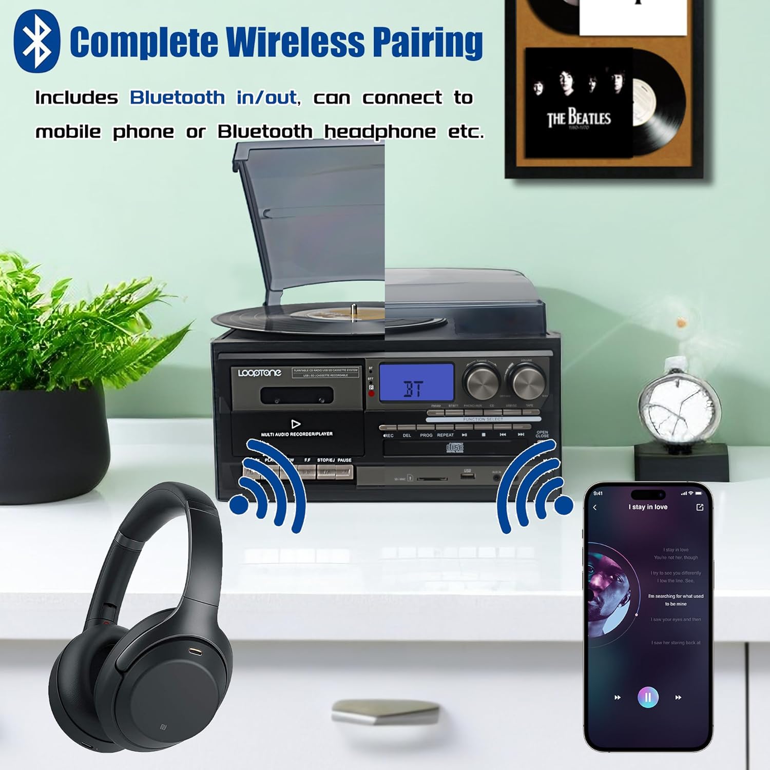 Bluetooth Vinyl Record Player 10 in 1 3 Speed Turntable Retro Black