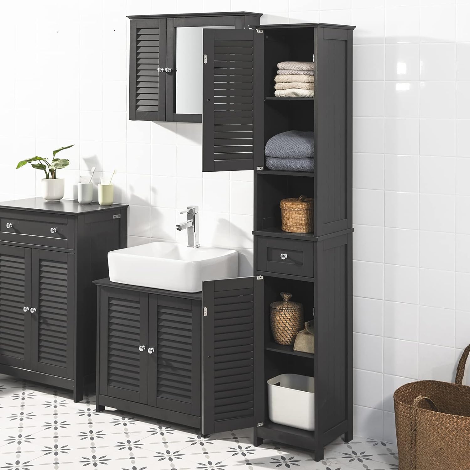 Slim Tall Bathroom Cabinet Dark Grey Louver Door Storage