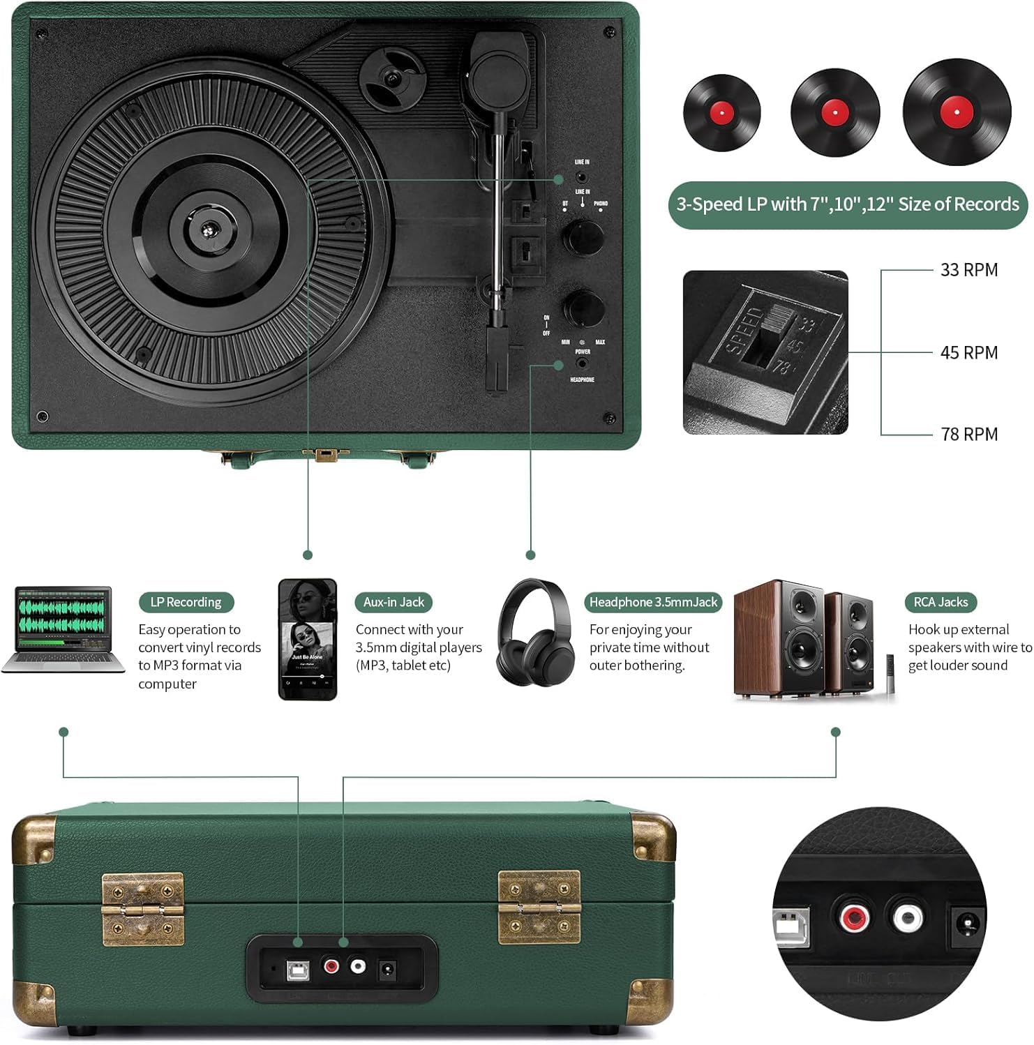 3-Speed Bluetooth Vinyl Record Player Portable Suitcase Turntable