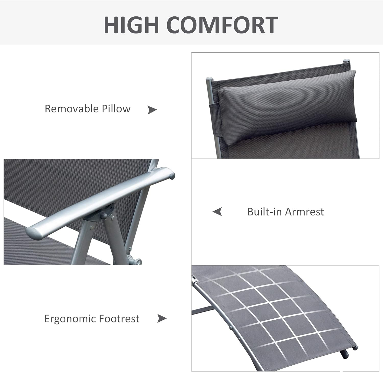 7 Level Folding Sun Lounger Recliner with Headrest Grey