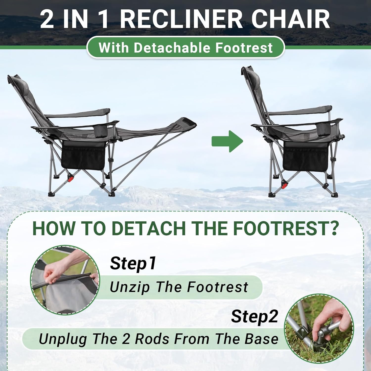 Set of 2 Reclining Camping Chairs Dark Grey