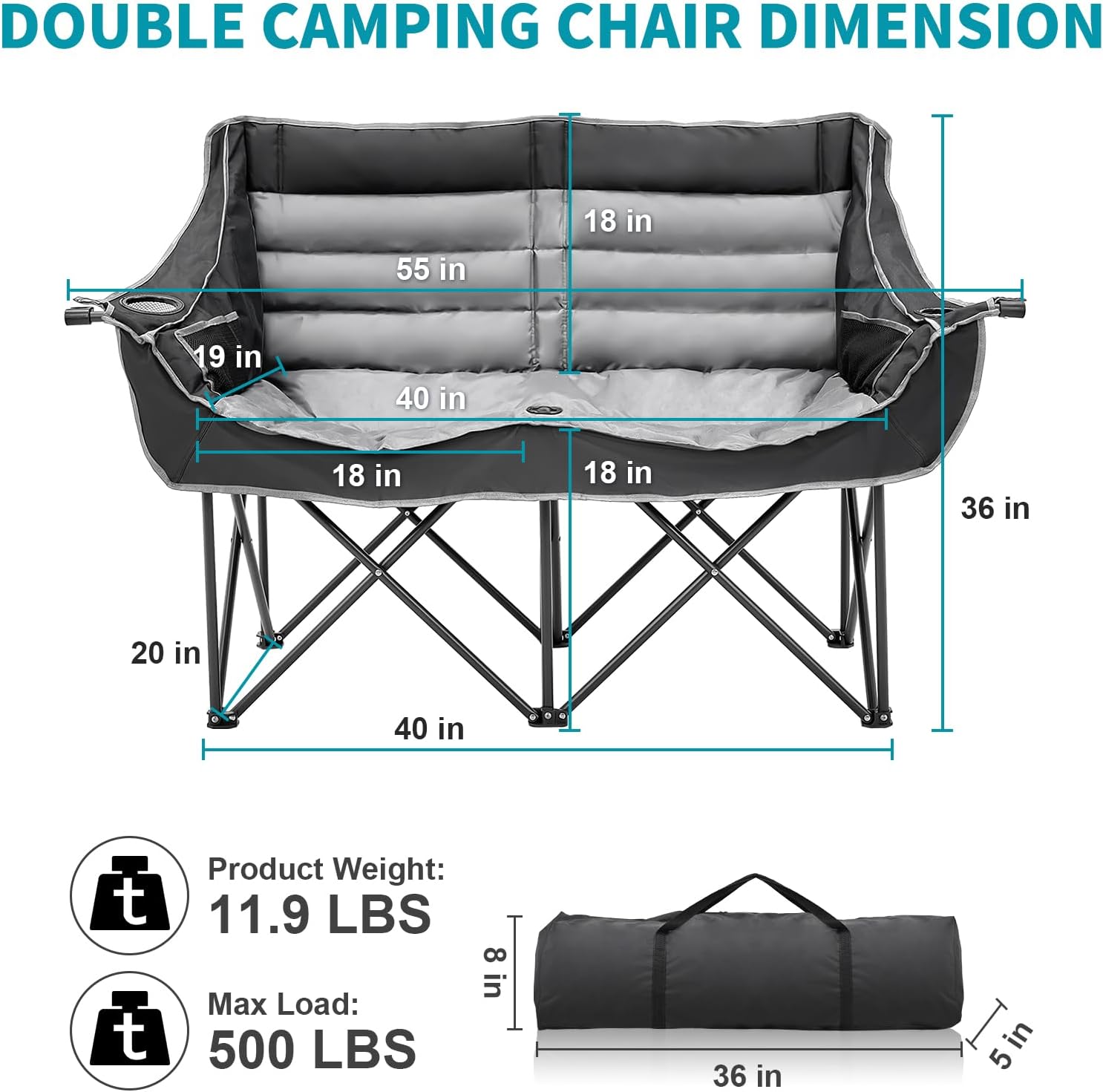 Double Camping Chair 2 Seater Padded Folding Sofa Black