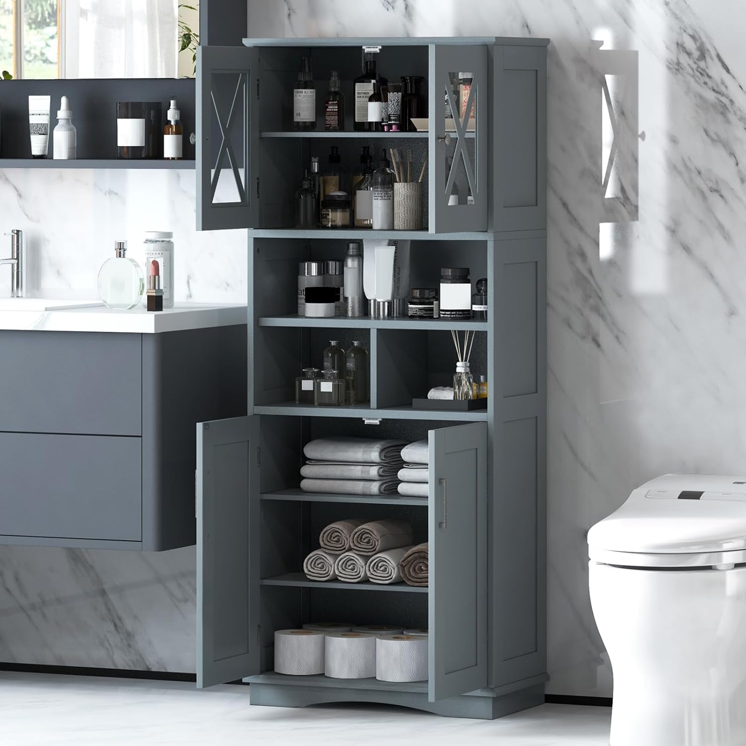 Tall Storage Cabinet Grey Adjustable Shelf Door Unit