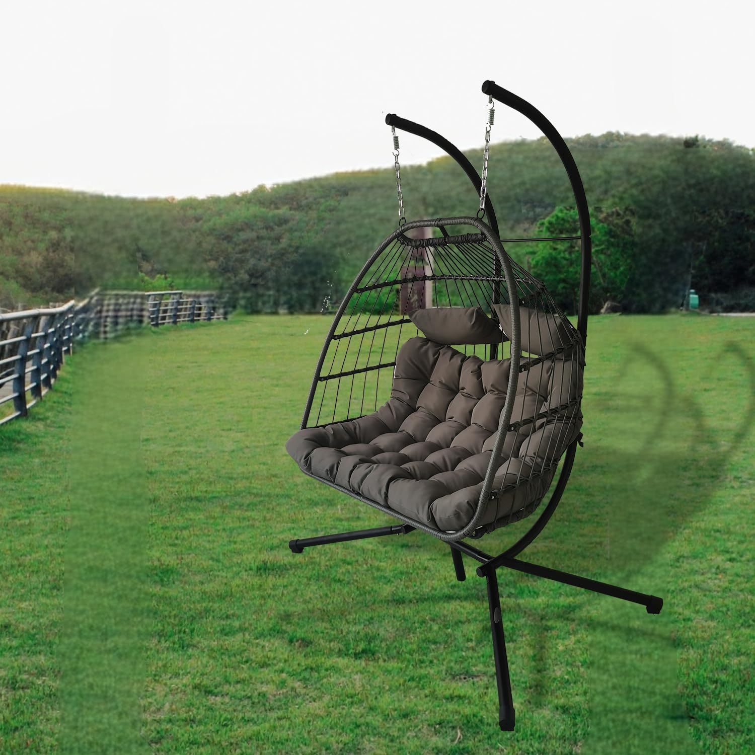 Double Rattan Swing Chair with Stand Cushion Grey