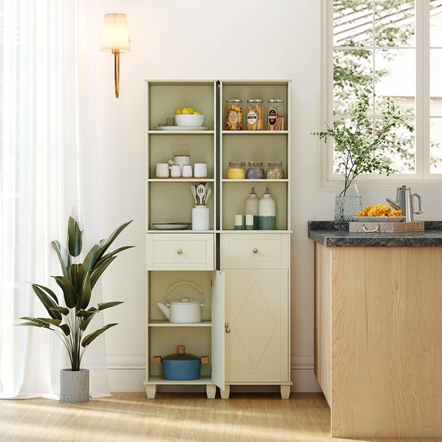 Slim Tall Storage Cabinet Beige Drawer Shelf Door Unit
