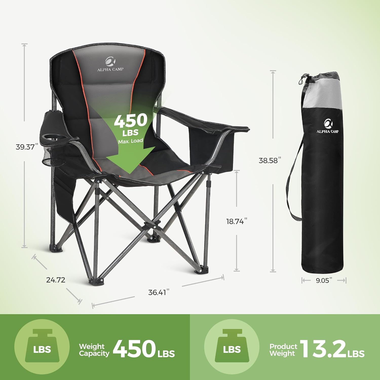 Heavy Duty Folding Camping Chair 200kg Padded Cooler Black