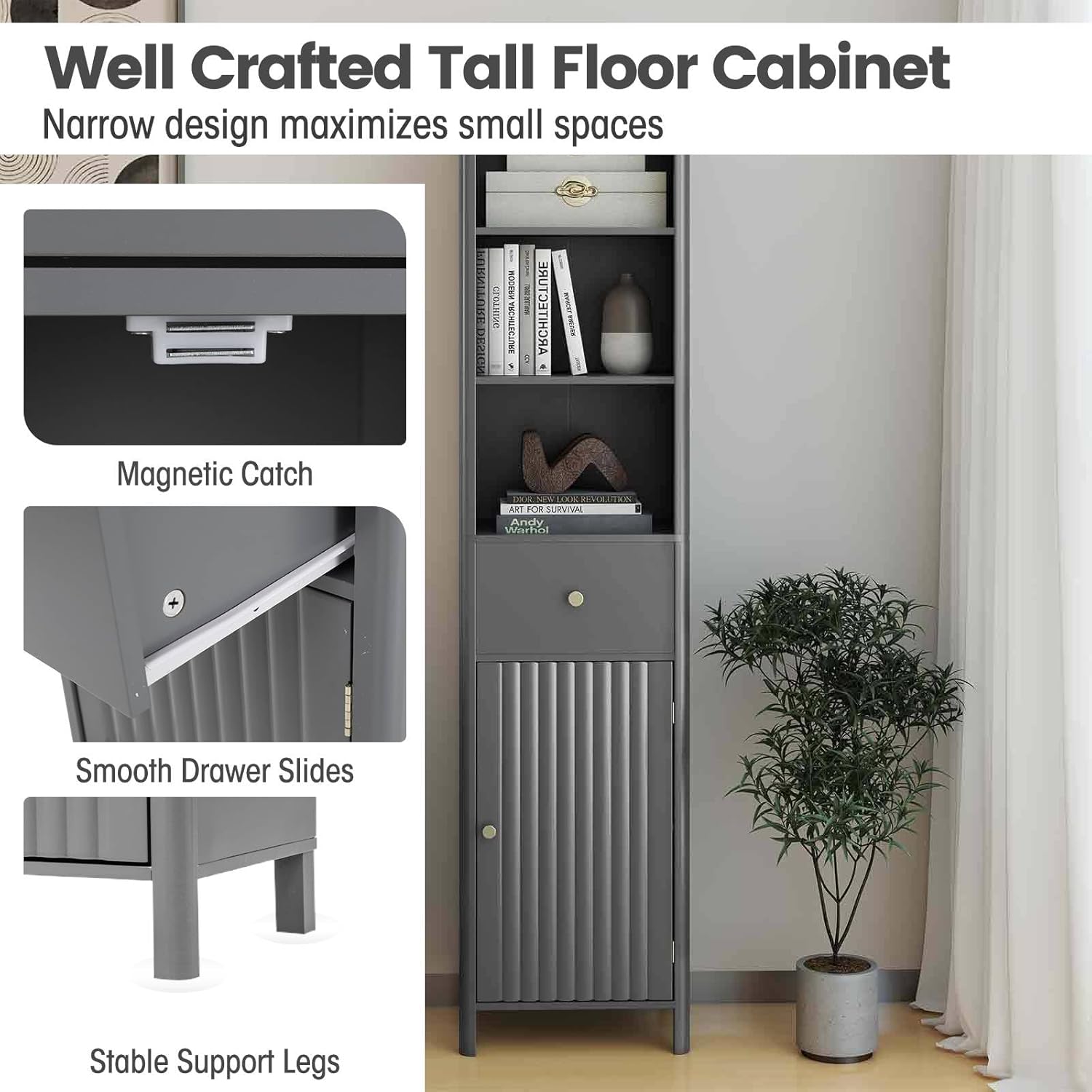 Slim Bathroom Tall Cabinet Drawer Shelf Unit Grey