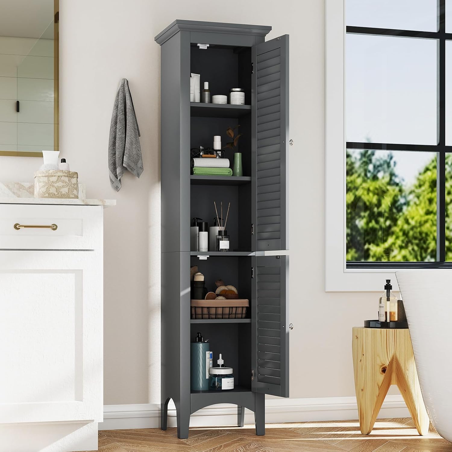 Grey Tall Bathroom Cabinet 5 Tier Double Door Storage