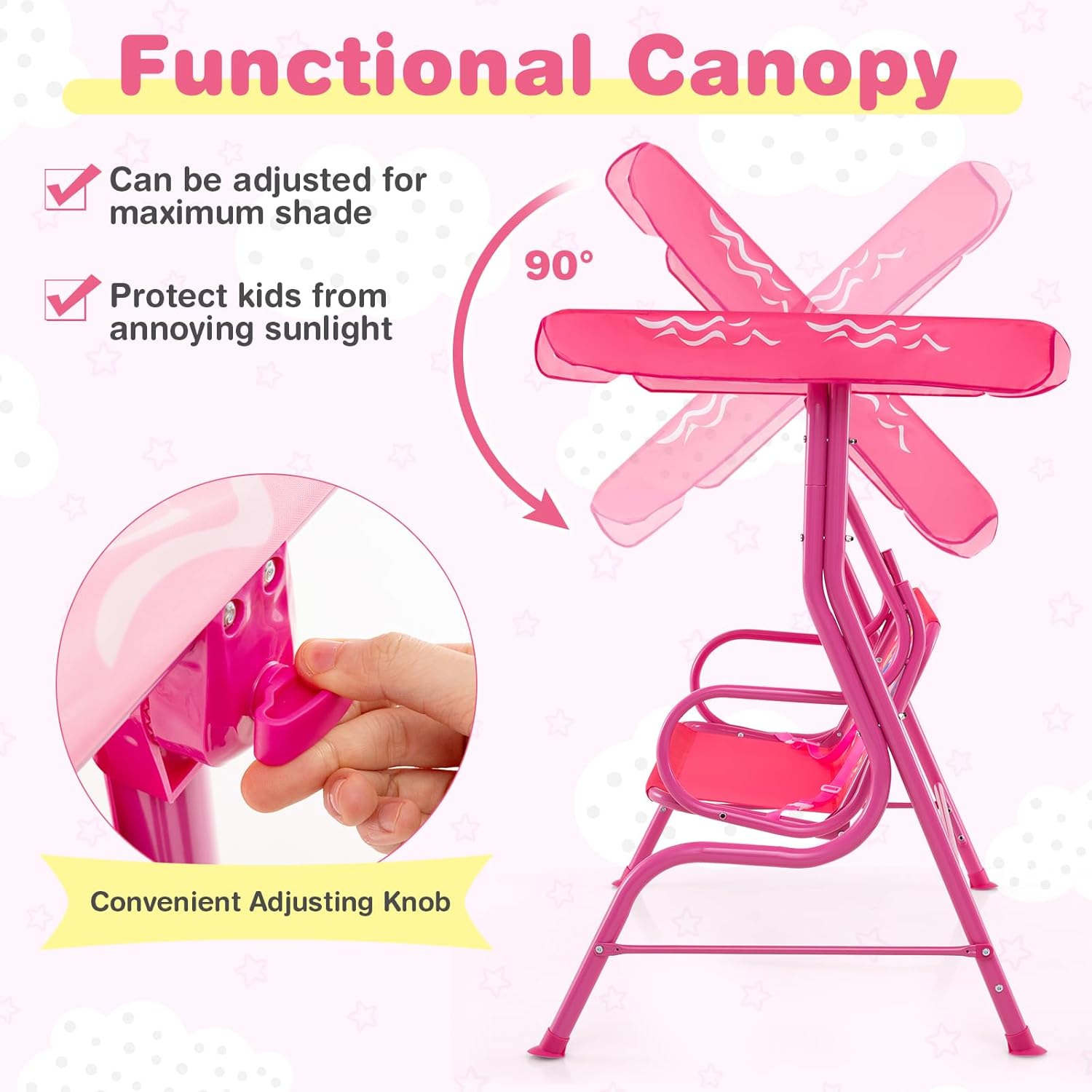 Kids 2 Seat Patio Swing Chair Pink Canopy Safety Belts Indoor Outdoor