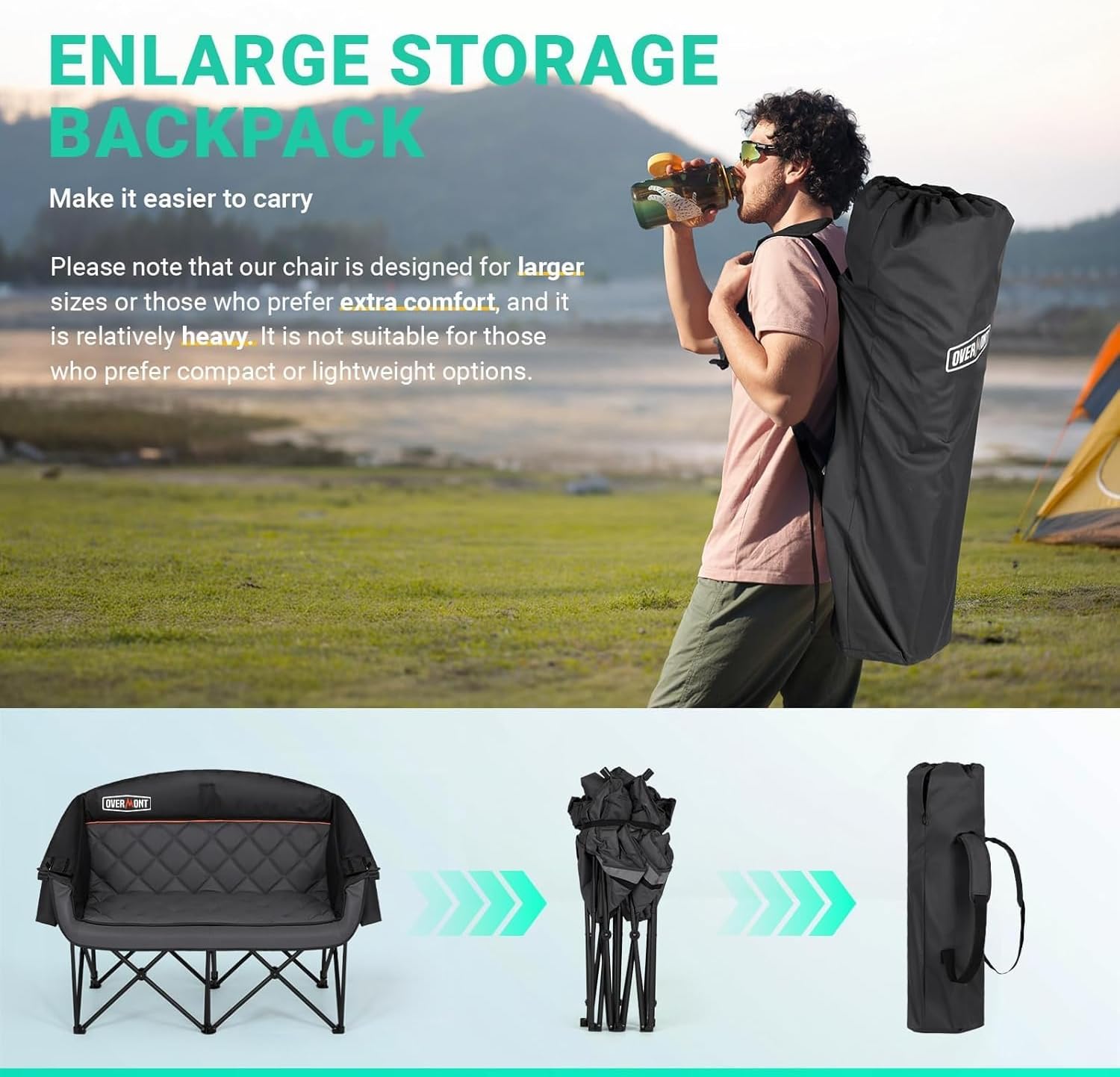 Oversized Double Camping Chair 2 Seater 382kg Black
